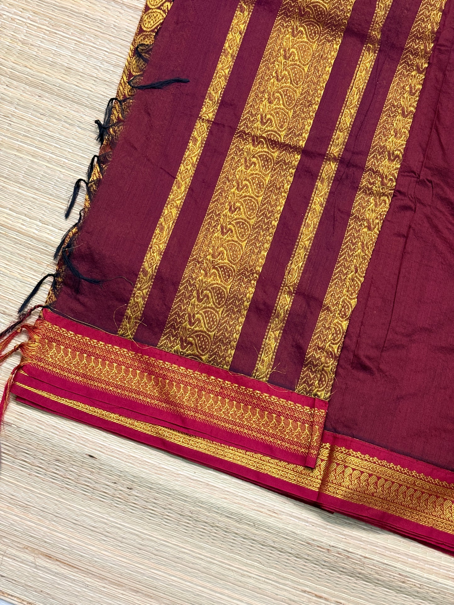 Kalyani Cotton Saree – Wine & Orange with Heavy Gold Zari