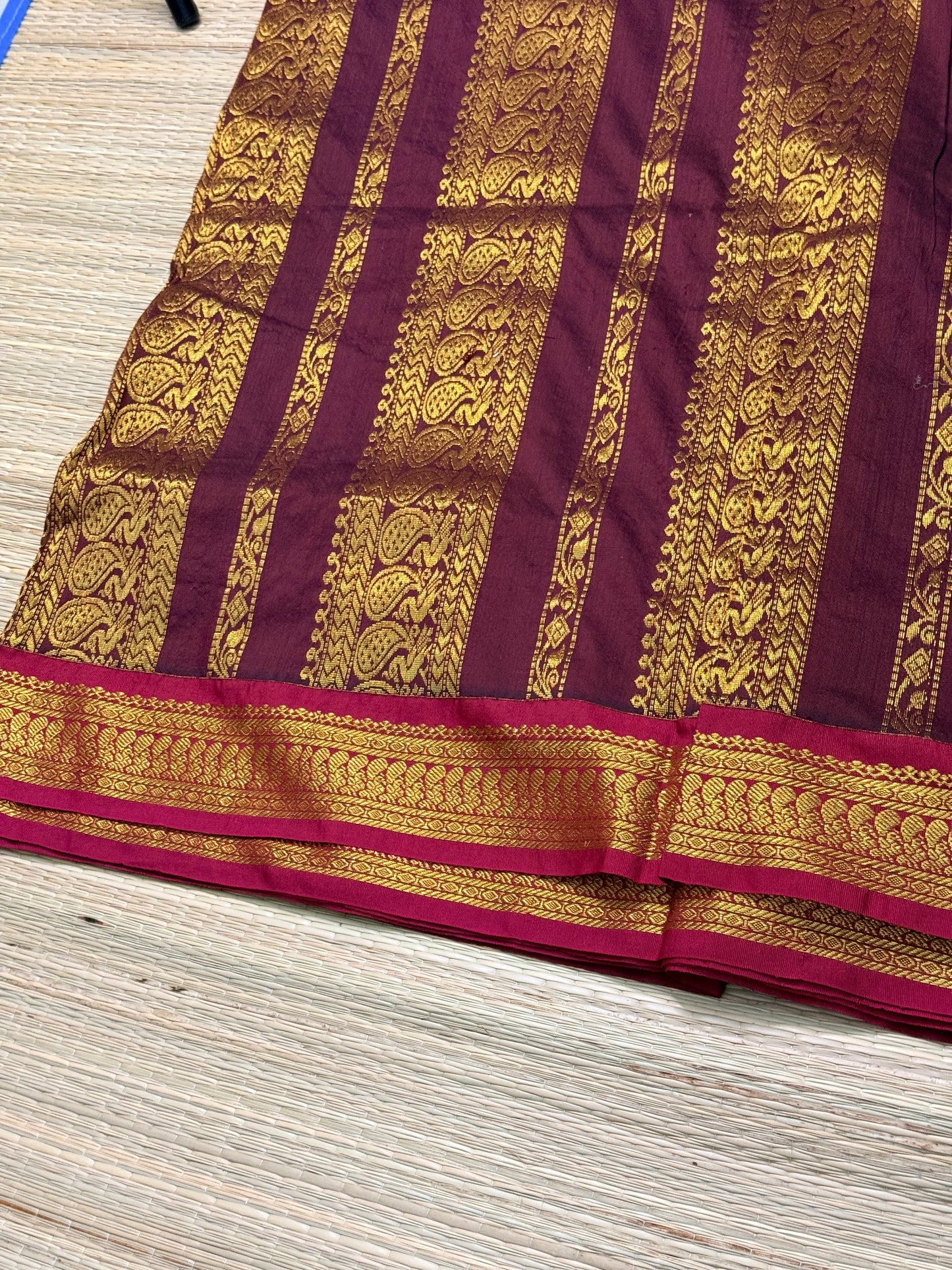 Kalyani Cotton Saree – Wine & Orange with Heavy Gold Zari