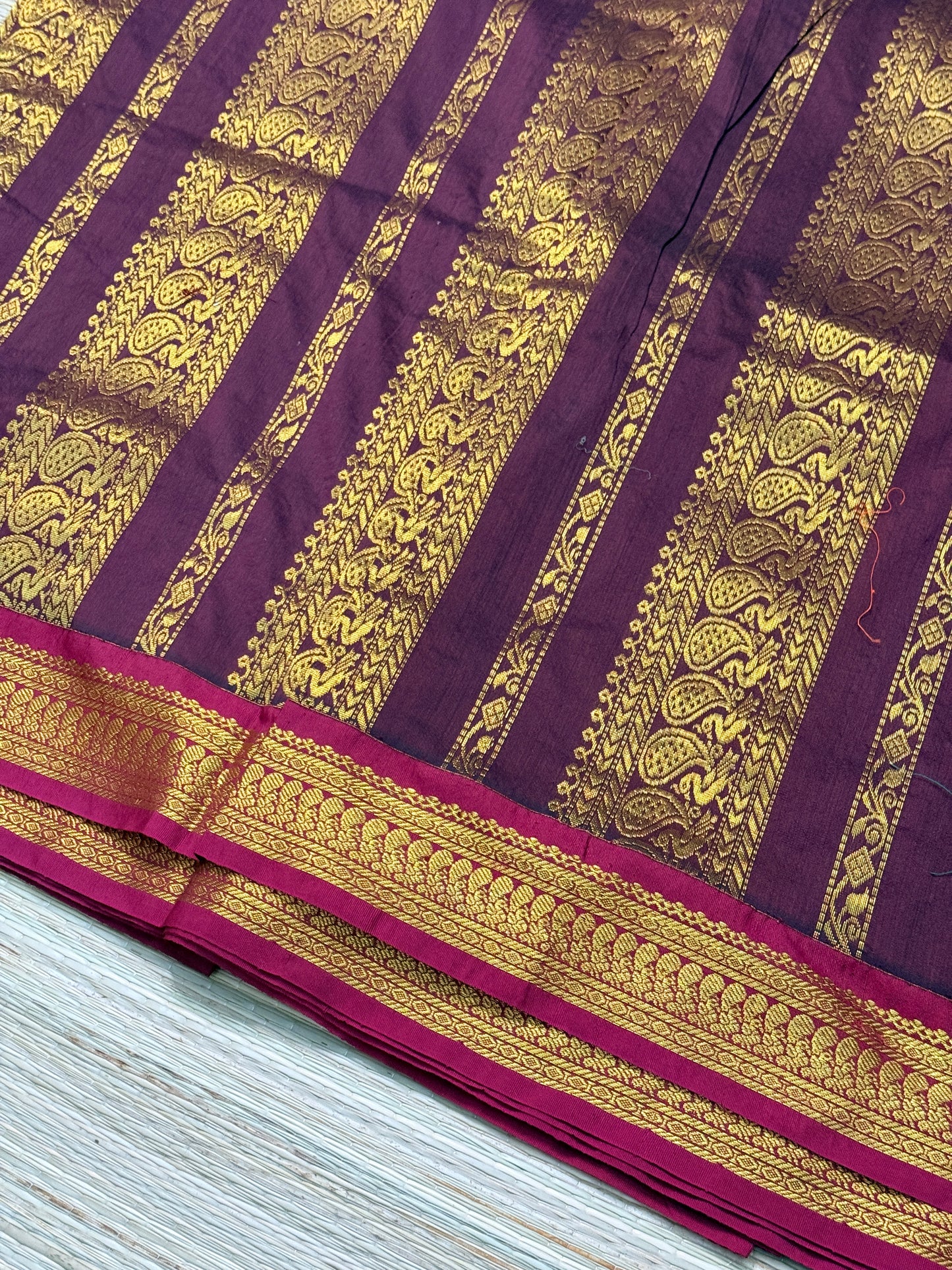 Kalyani Cotton Saree – Wine & Orange with Heavy Gold Zari