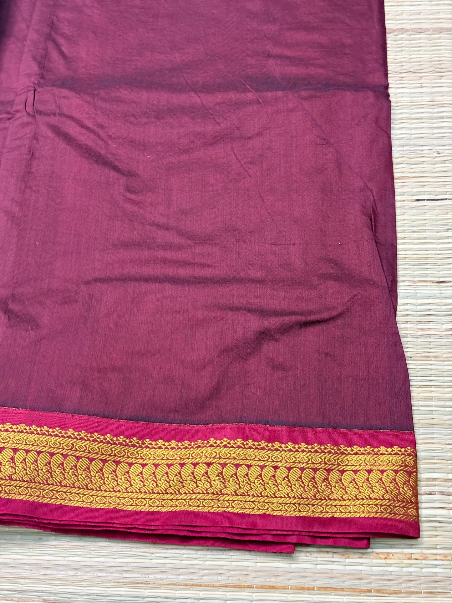 Kalyani Cotton Saree – Wine & Orange with Heavy Gold Zari