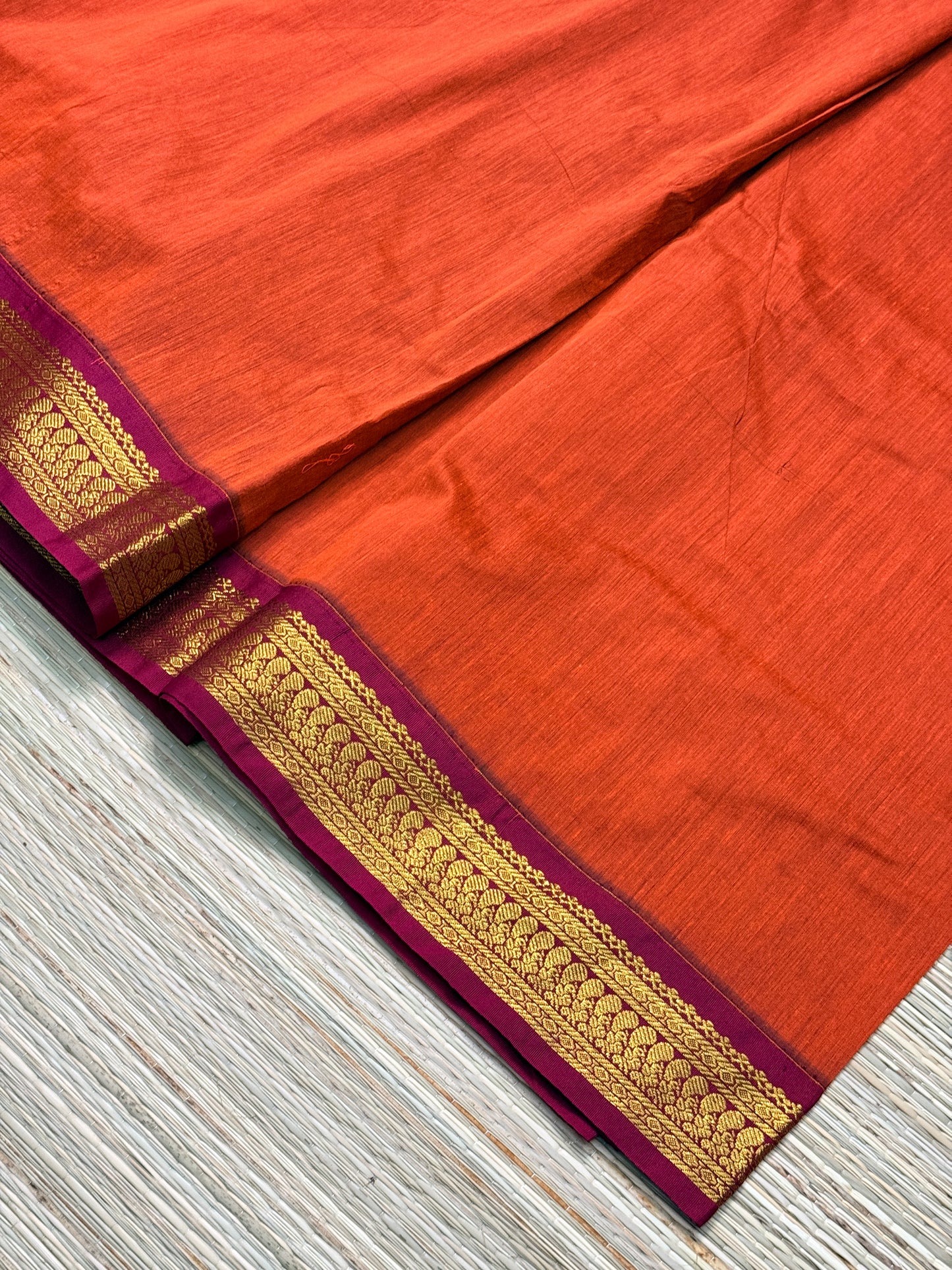 Kalyani Cotton Saree – Wine & Orange with Heavy Gold Zari