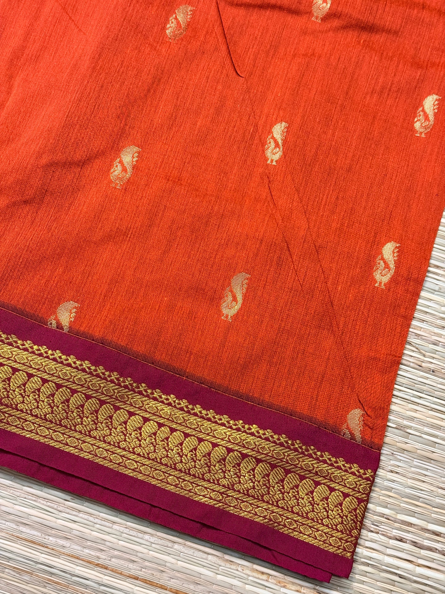 Kalyani Cotton Saree – Wine & Orange with Heavy Gold Zari