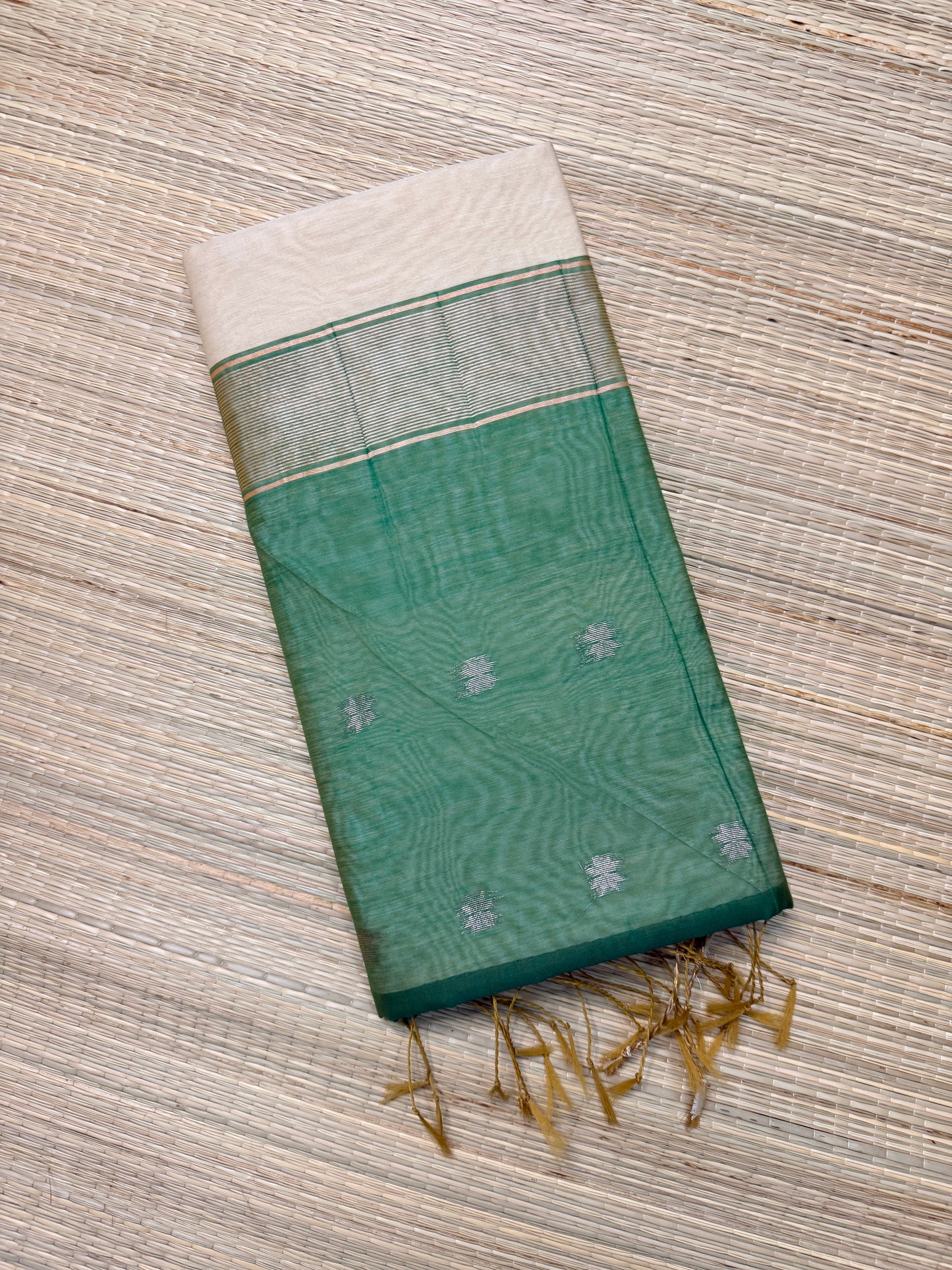Green & Cream Maheshwari Fancy Saree with Floral Butta & Gold Zari Border
