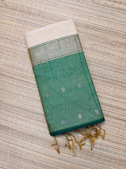 Green & Cream Maheshwari Fancy Saree with Floral Butta & Gold Zari Border