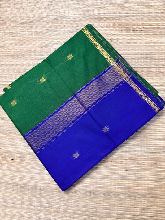 Green & Royal Blue Maheshwari Cotton Saree with Star Butta & Silver Zari Border