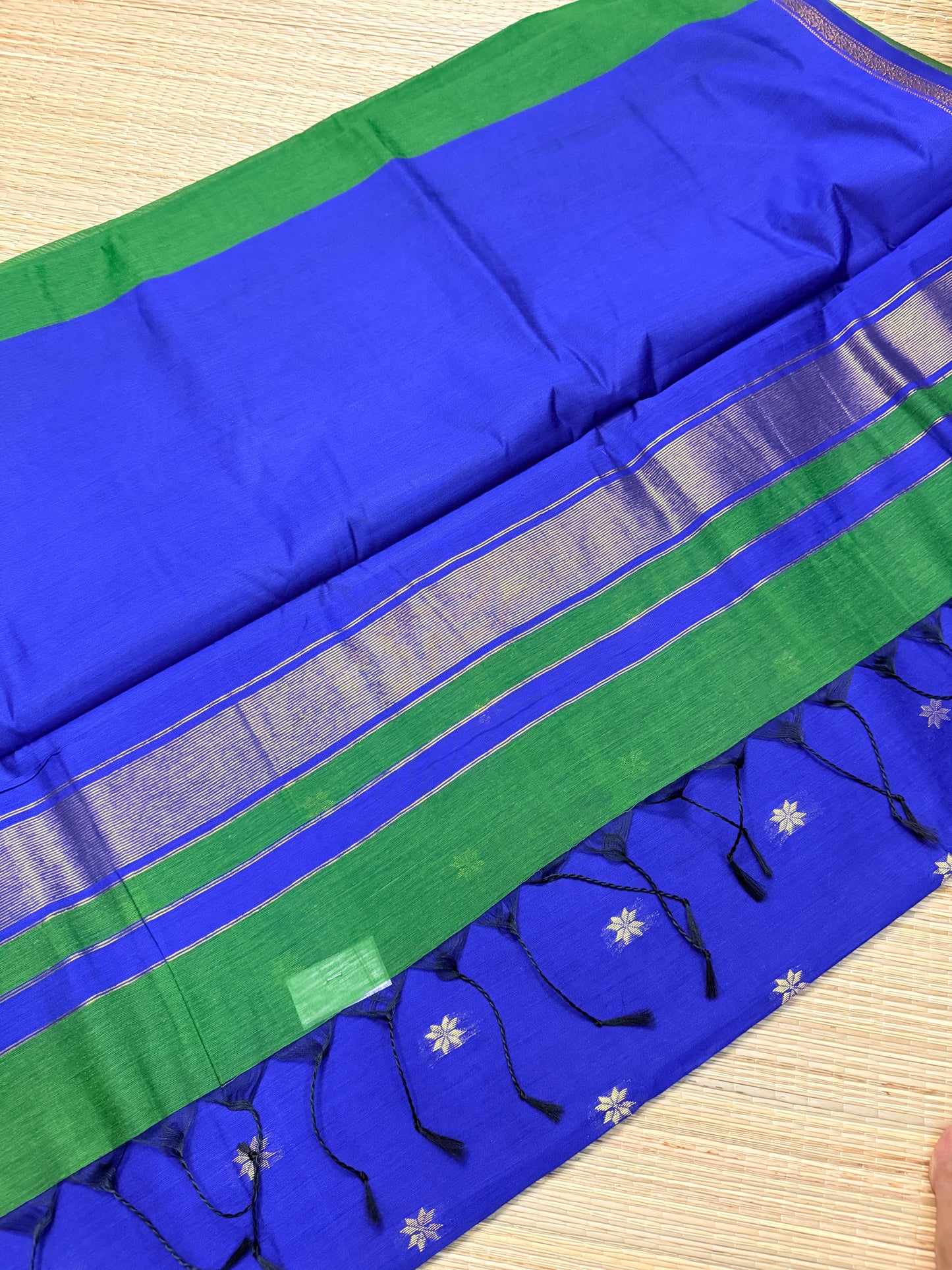 Green & Royal Blue Maheshwari Cotton Saree with Star Butta & Silver Zari Border