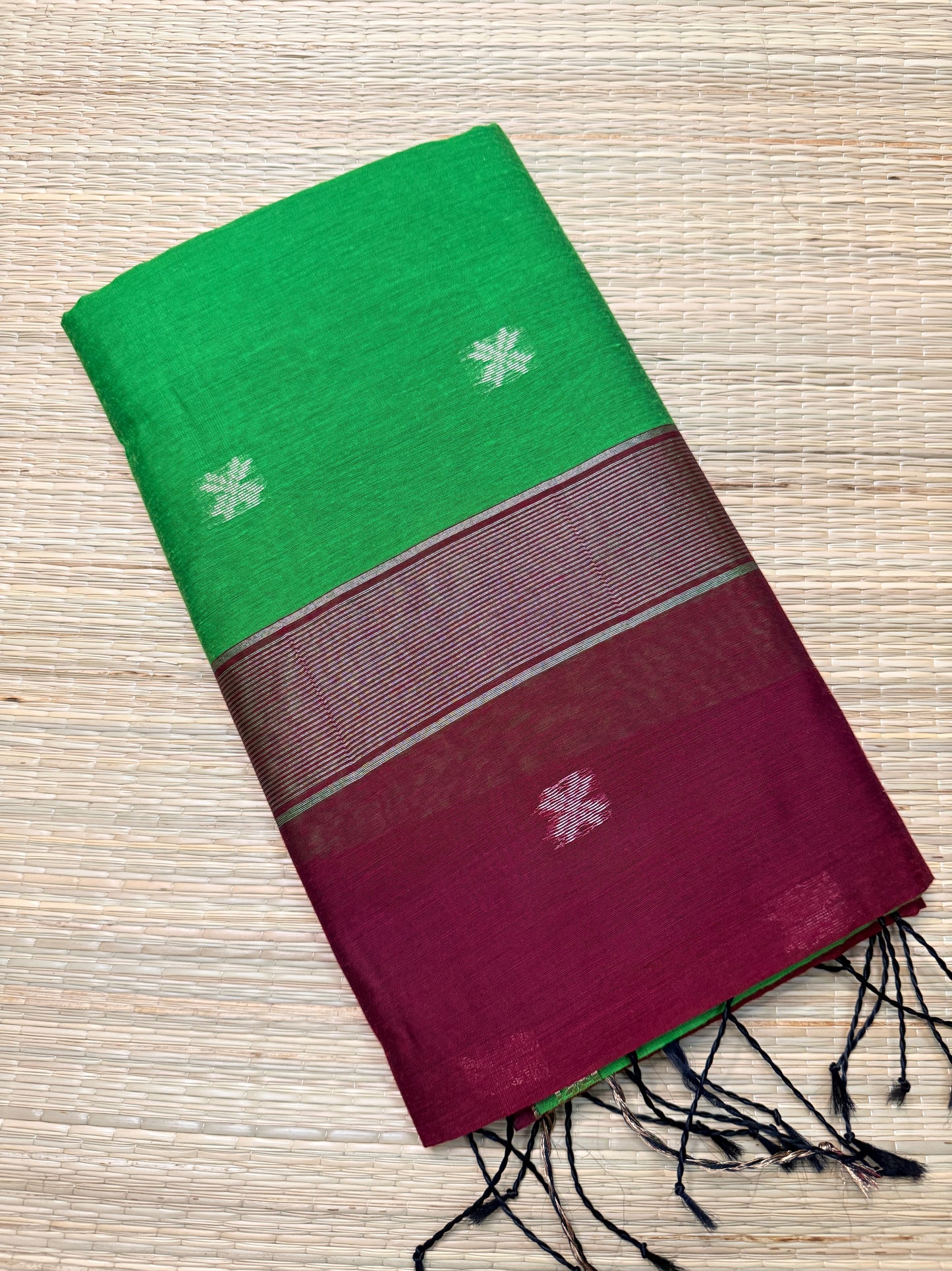 Green & Wine Maheshwari Cotton Saree with Cross Butta & Silver Zari Border