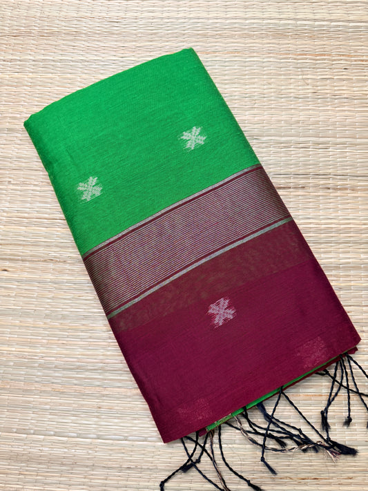 Green & Wine Maheshwari Cotton Saree with Cross Butta & Silver Zari Border