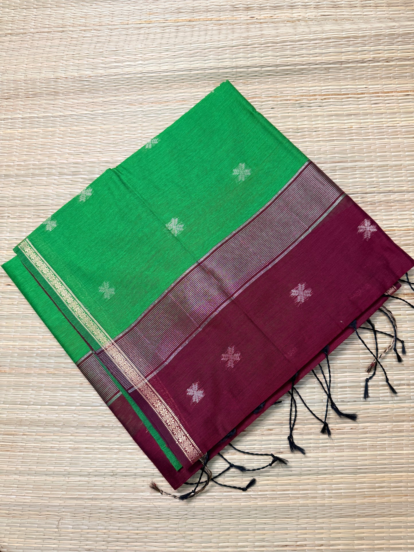 Green & Wine Maheshwari Cotton Saree with Cross Butta & Silver Zari Border