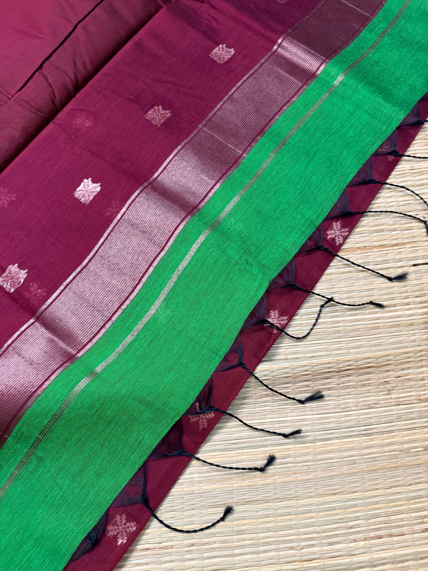 Green & Wine Maheshwari Cotton Saree with Cross Butta & Silver Zari Border