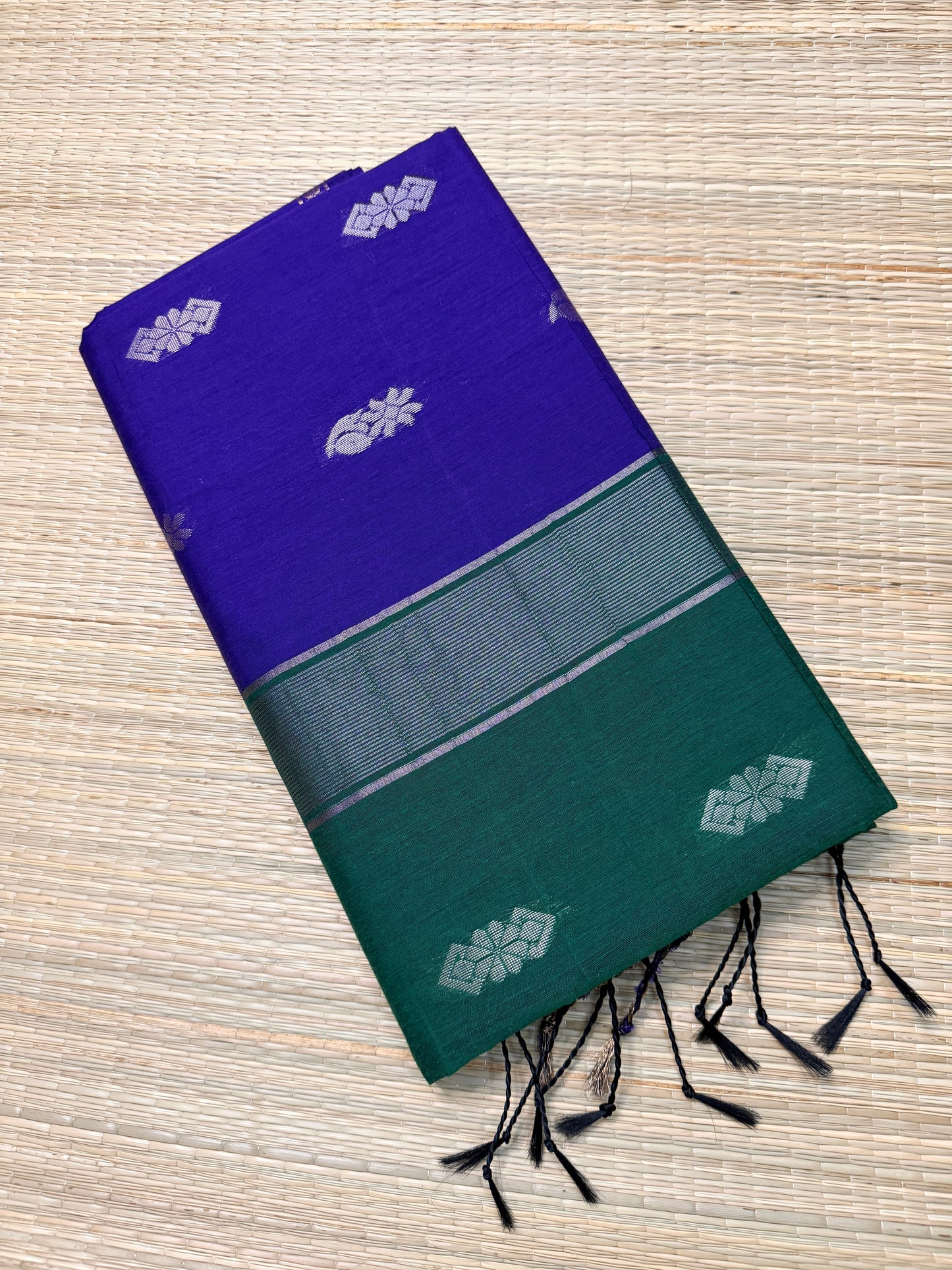 Royal Blue & Bottle Green Maheshwari Cotton Saree with Floral Butta & Silver Zari Border
