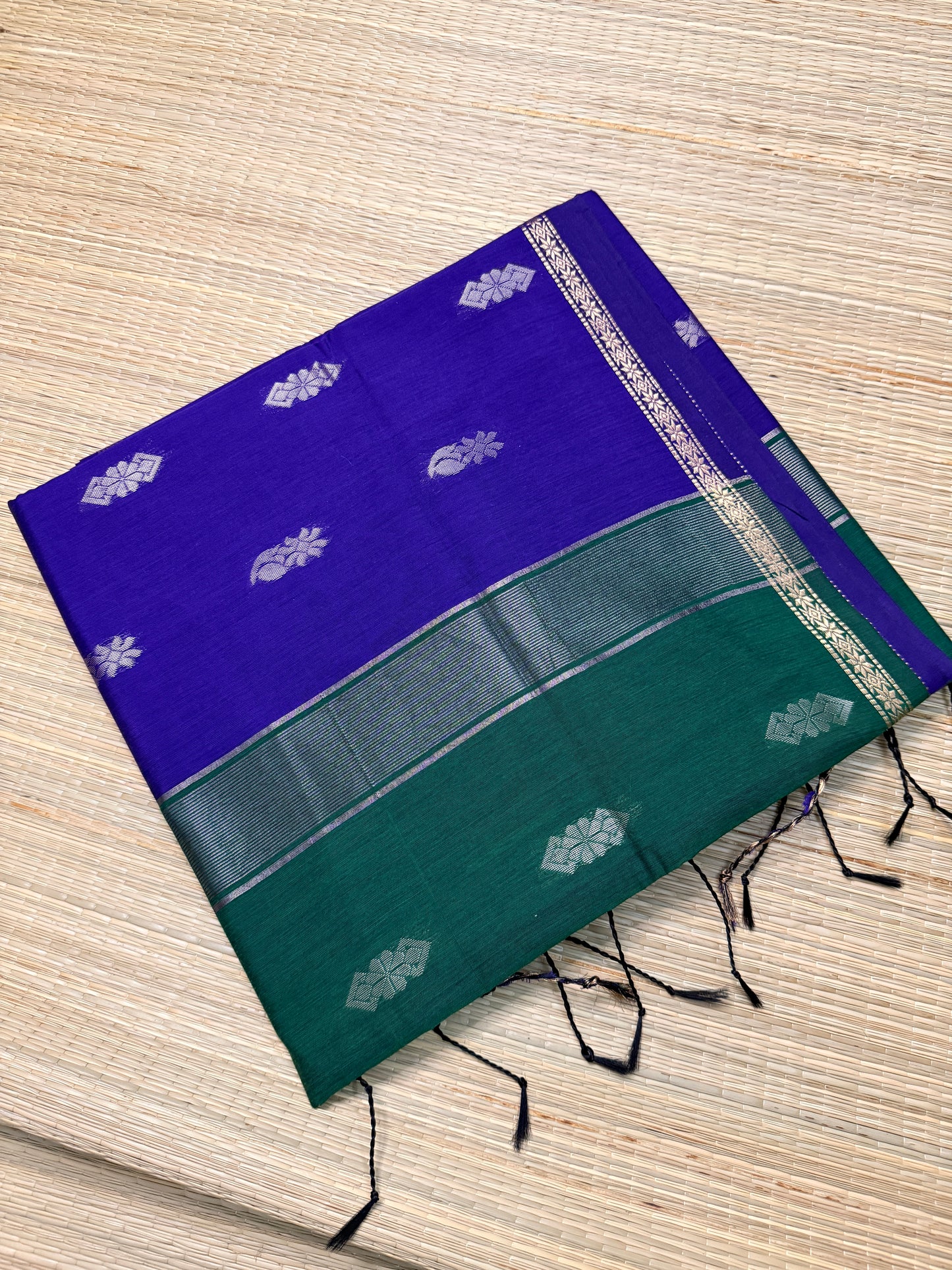 Royal Blue & Bottle Green Maheshwari Cotton Saree with Floral Butta & Silver Zari Border