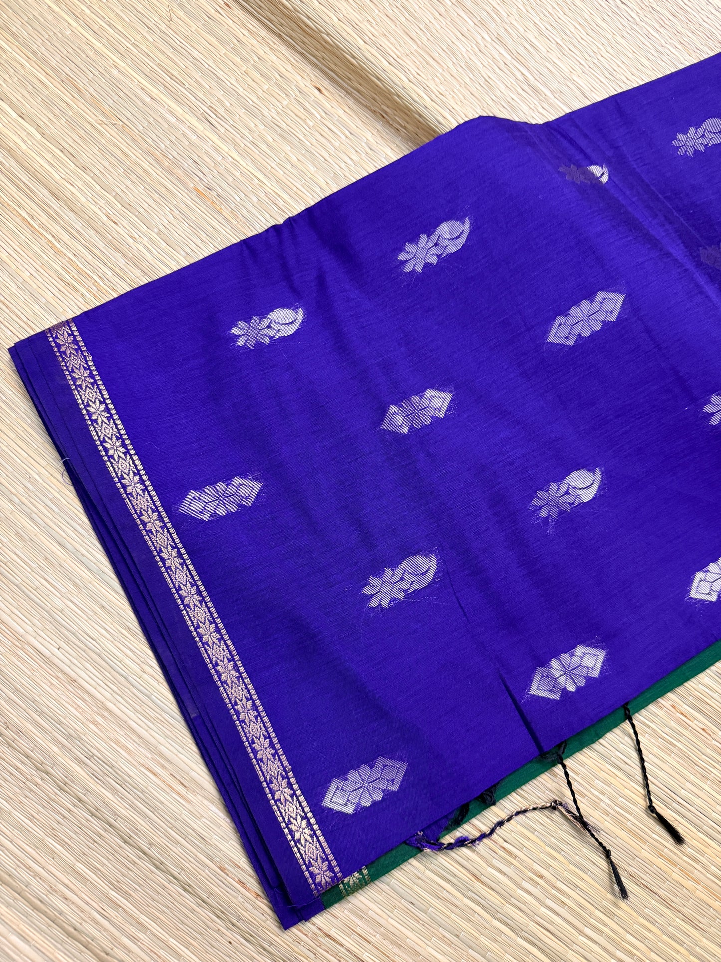 Royal Blue & Bottle Green Maheshwari Cotton Saree with Floral Butta & Silver Zari Border
