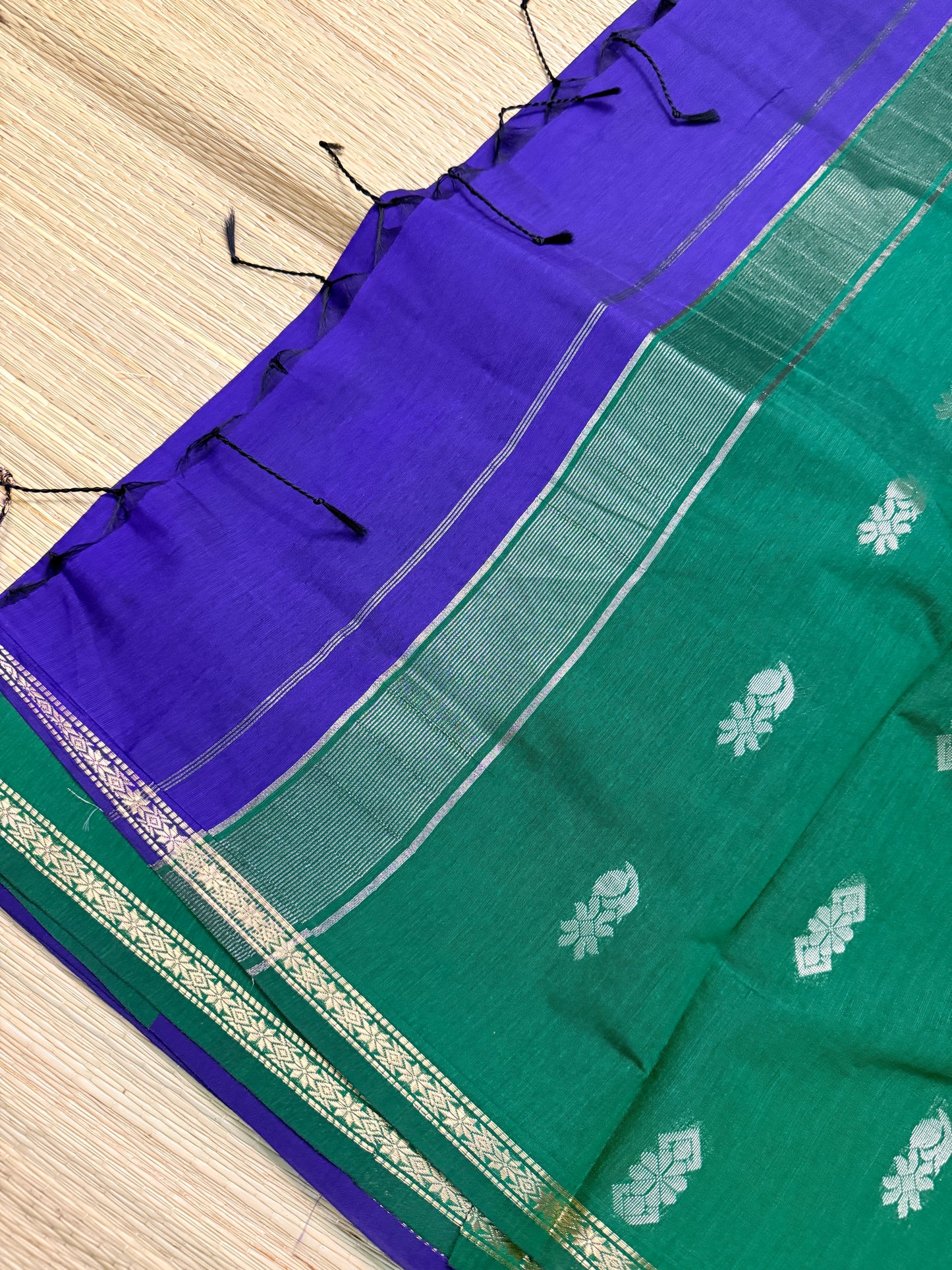 Royal Blue & Bottle Green Maheshwari Cotton Saree with Floral Butta & Silver Zari Border