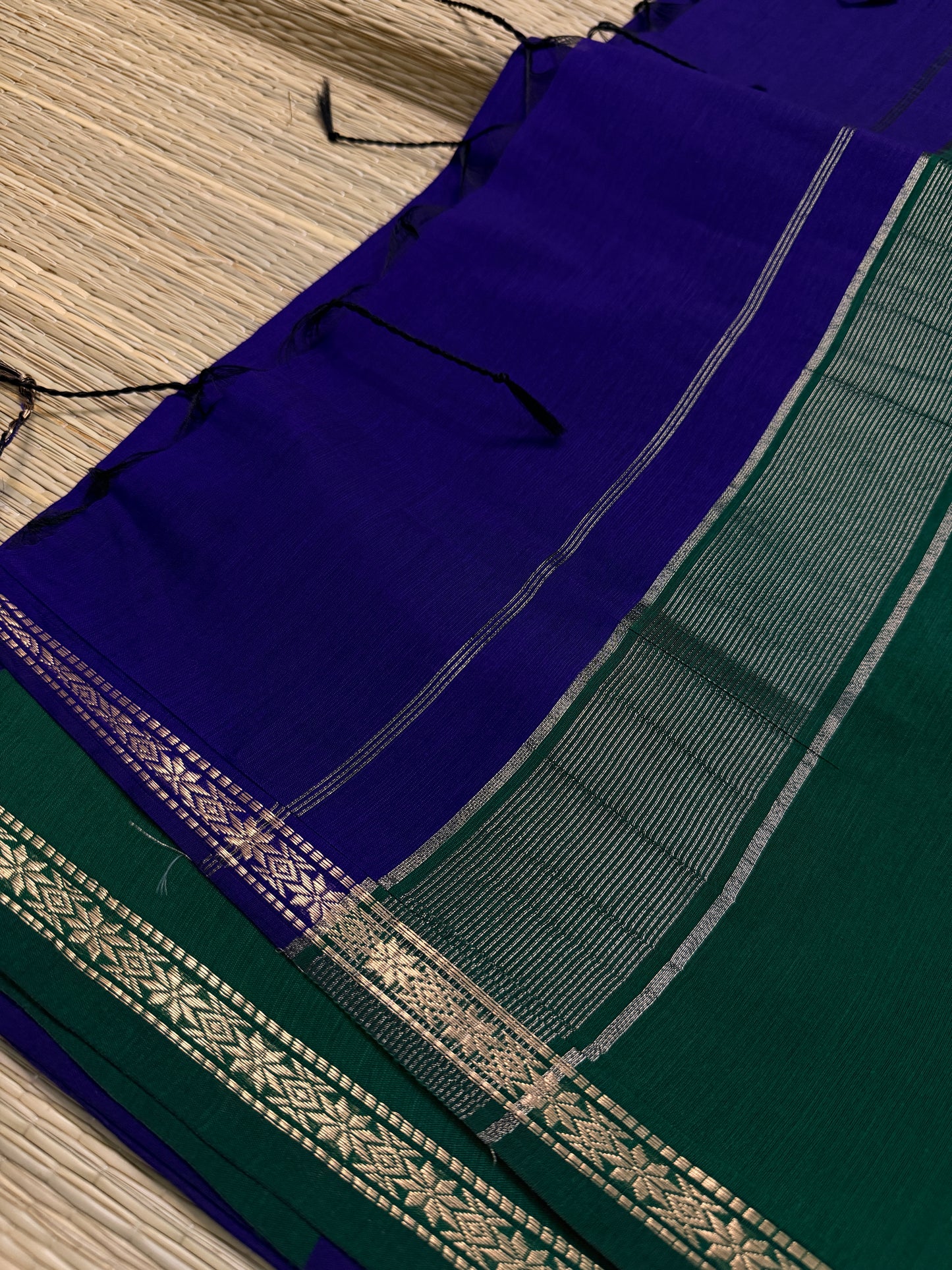 Royal Blue & Bottle Green Maheshwari Cotton Saree with Floral Butta & Silver Zari Border