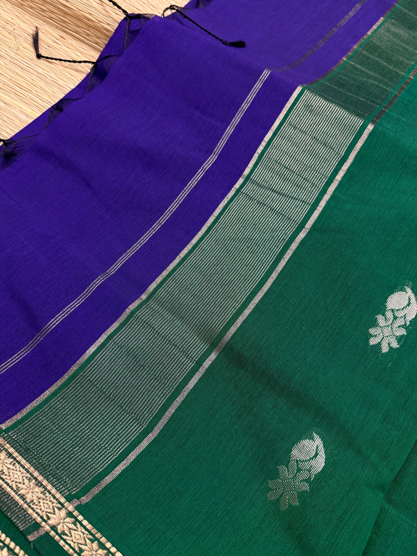 Royal Blue & Bottle Green Maheshwari Cotton Saree with Floral Butta & Silver Zari Border