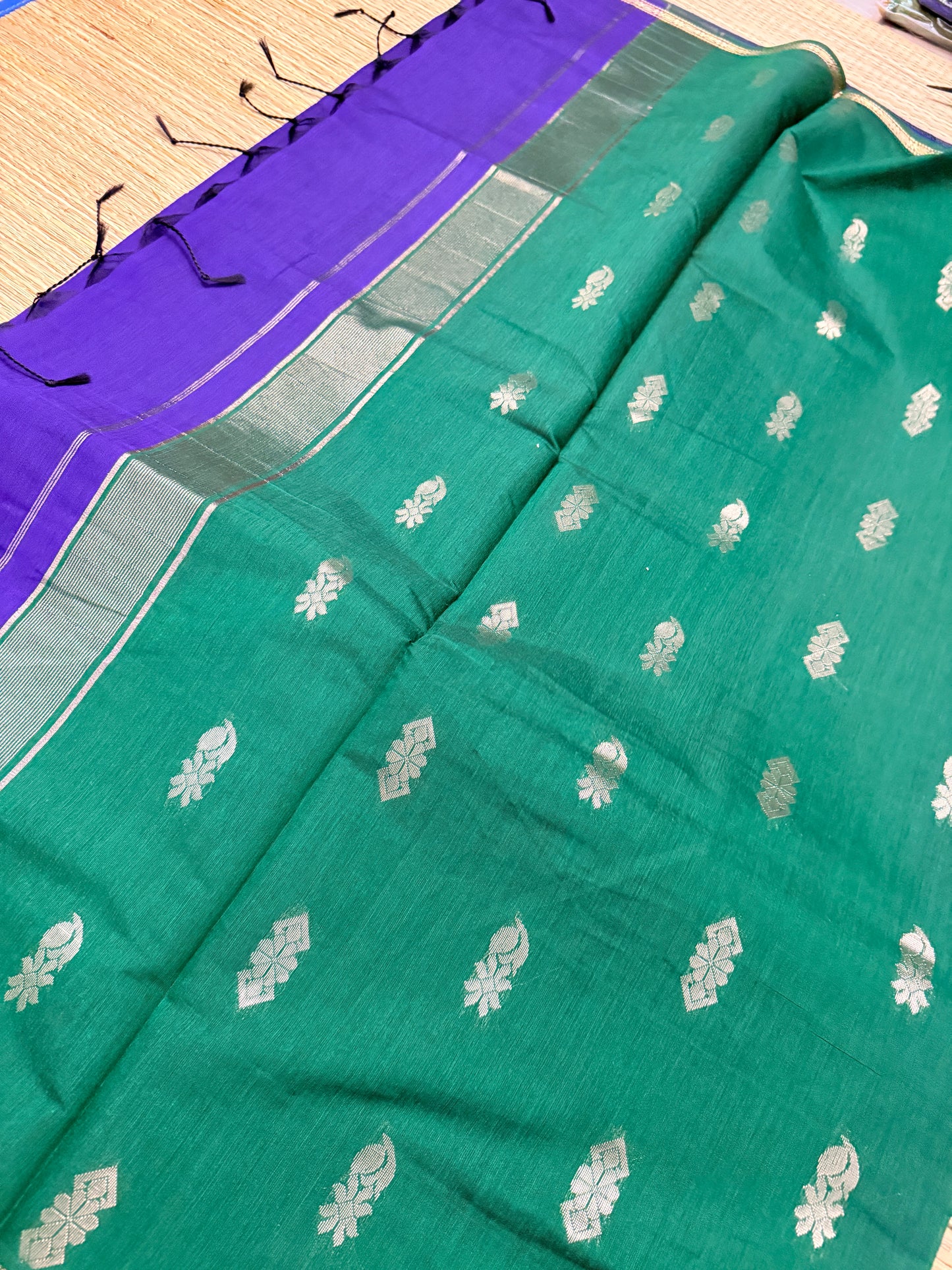 Royal Blue & Bottle Green Maheshwari Cotton Saree with Floral Butta & Silver Zari Border