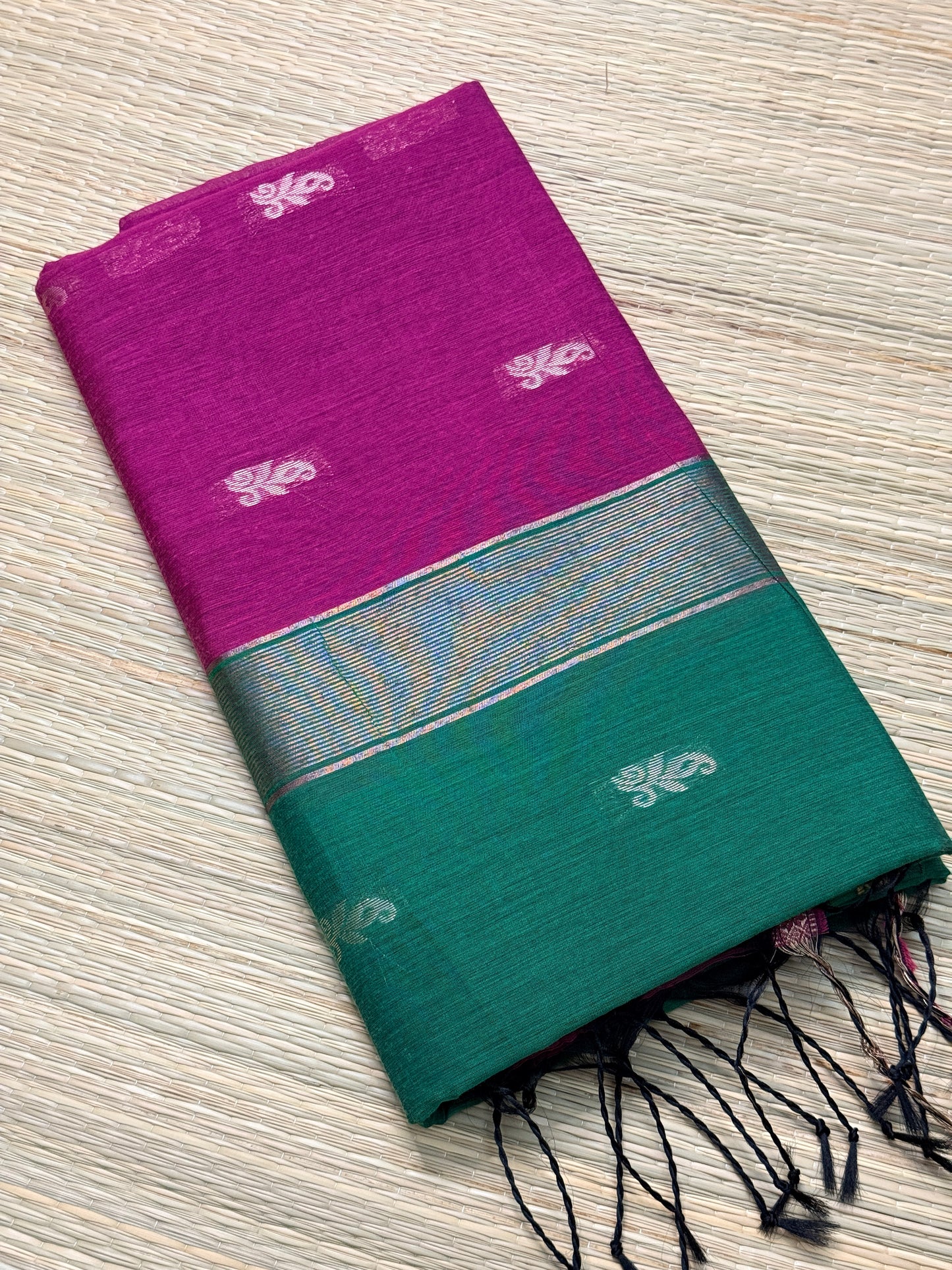Magenta & Teal Maheshwari Cotton Saree with Floral Butta & Silver Zari Border