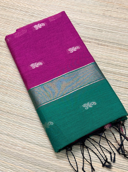 Magenta & Teal Maheshwari Cotton Saree with Floral Butta & Silver Zari Border