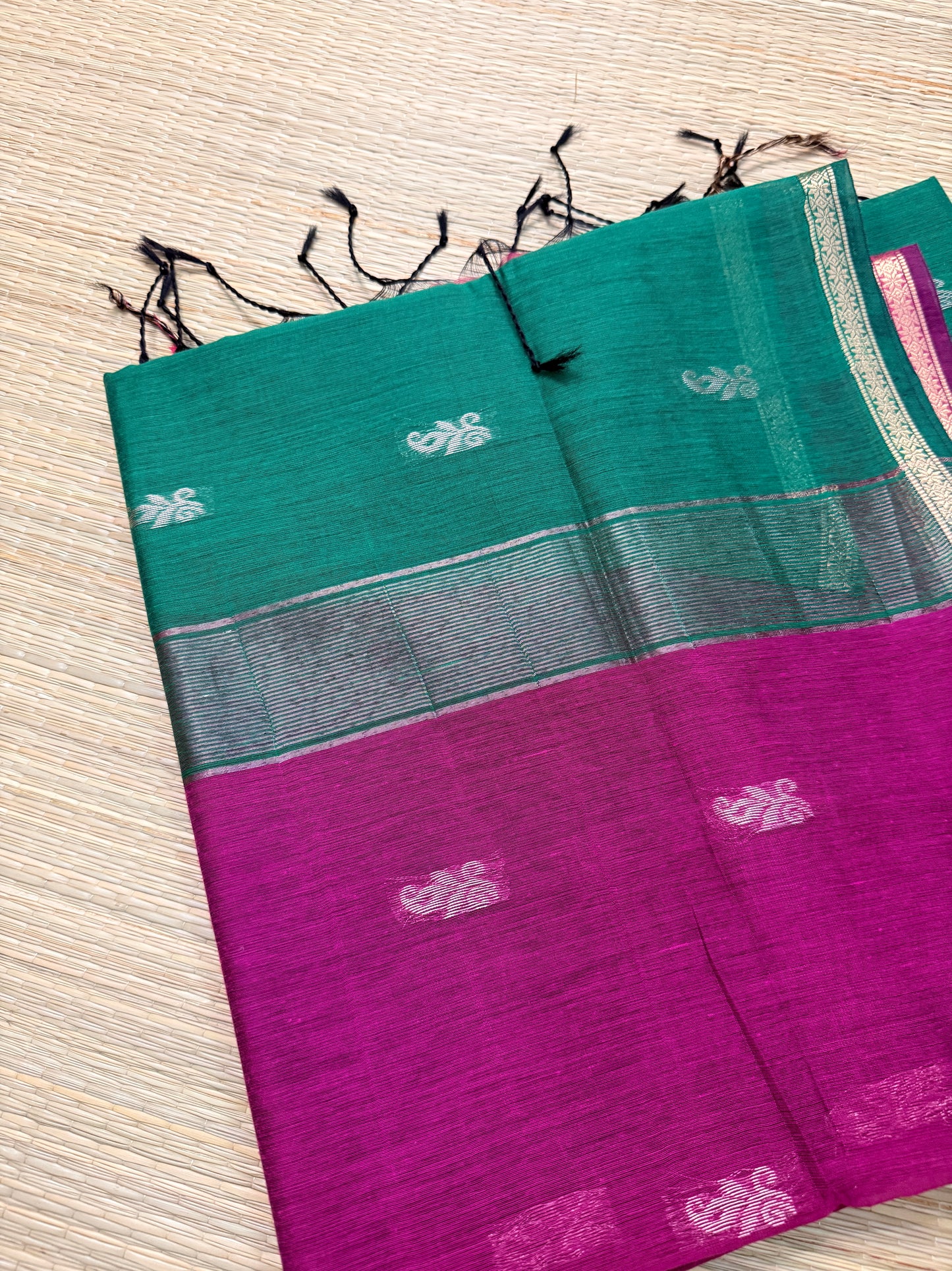 Magenta & Teal Maheshwari Cotton Saree with Floral Butta & Silver Zari Border