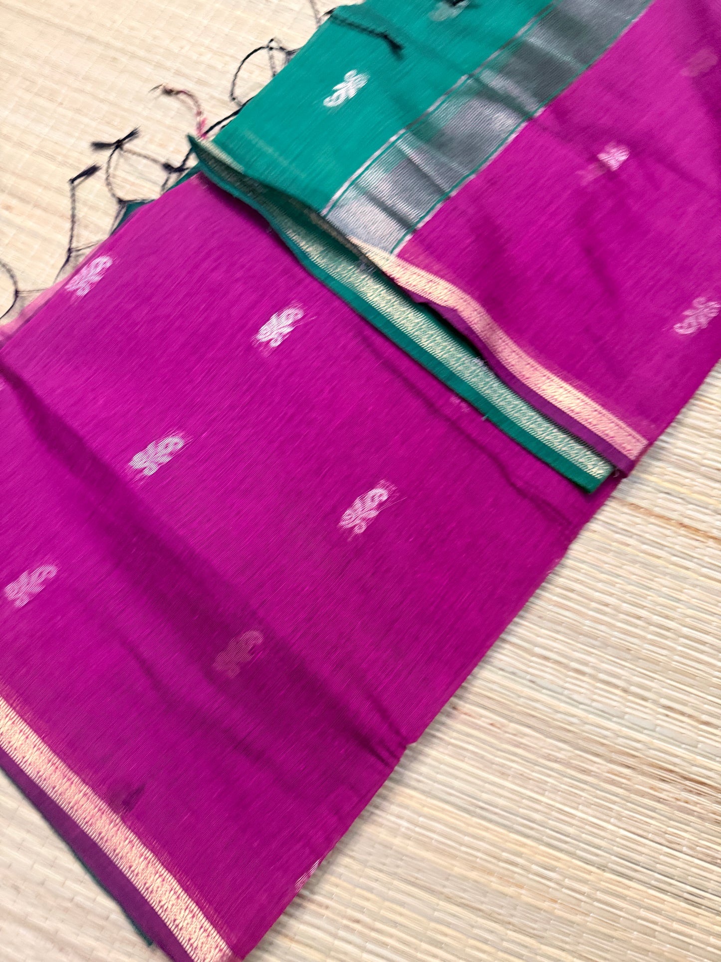 Magenta & Teal Maheshwari Cotton Saree with Floral Butta & Silver Zari Border