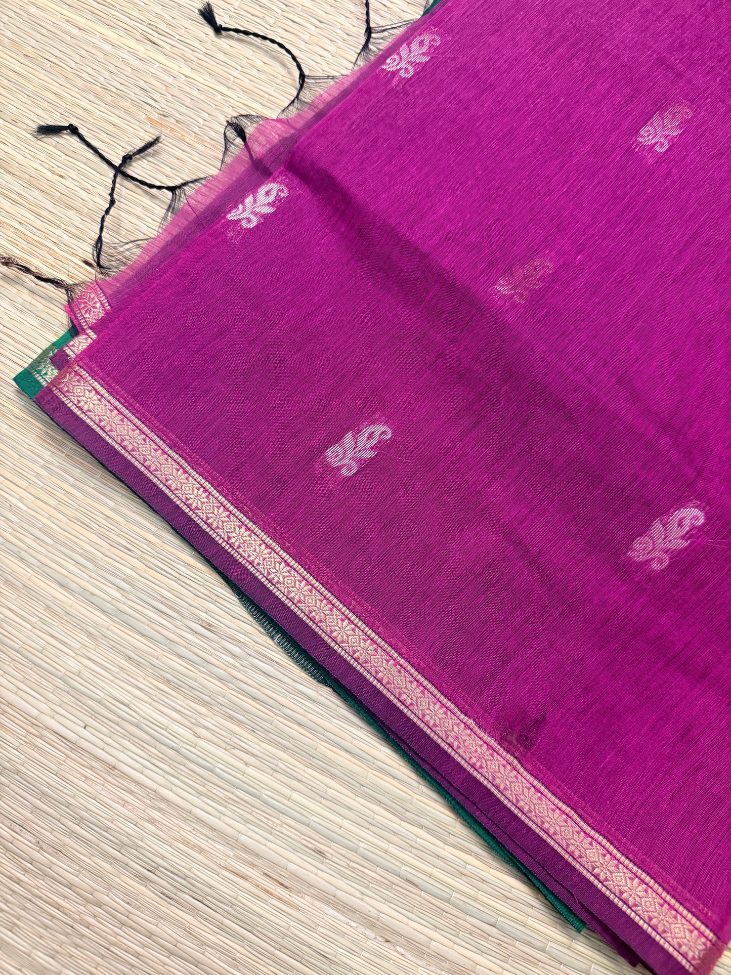 Magenta & Teal Maheshwari Cotton Saree with Floral Butta & Silver Zari Border