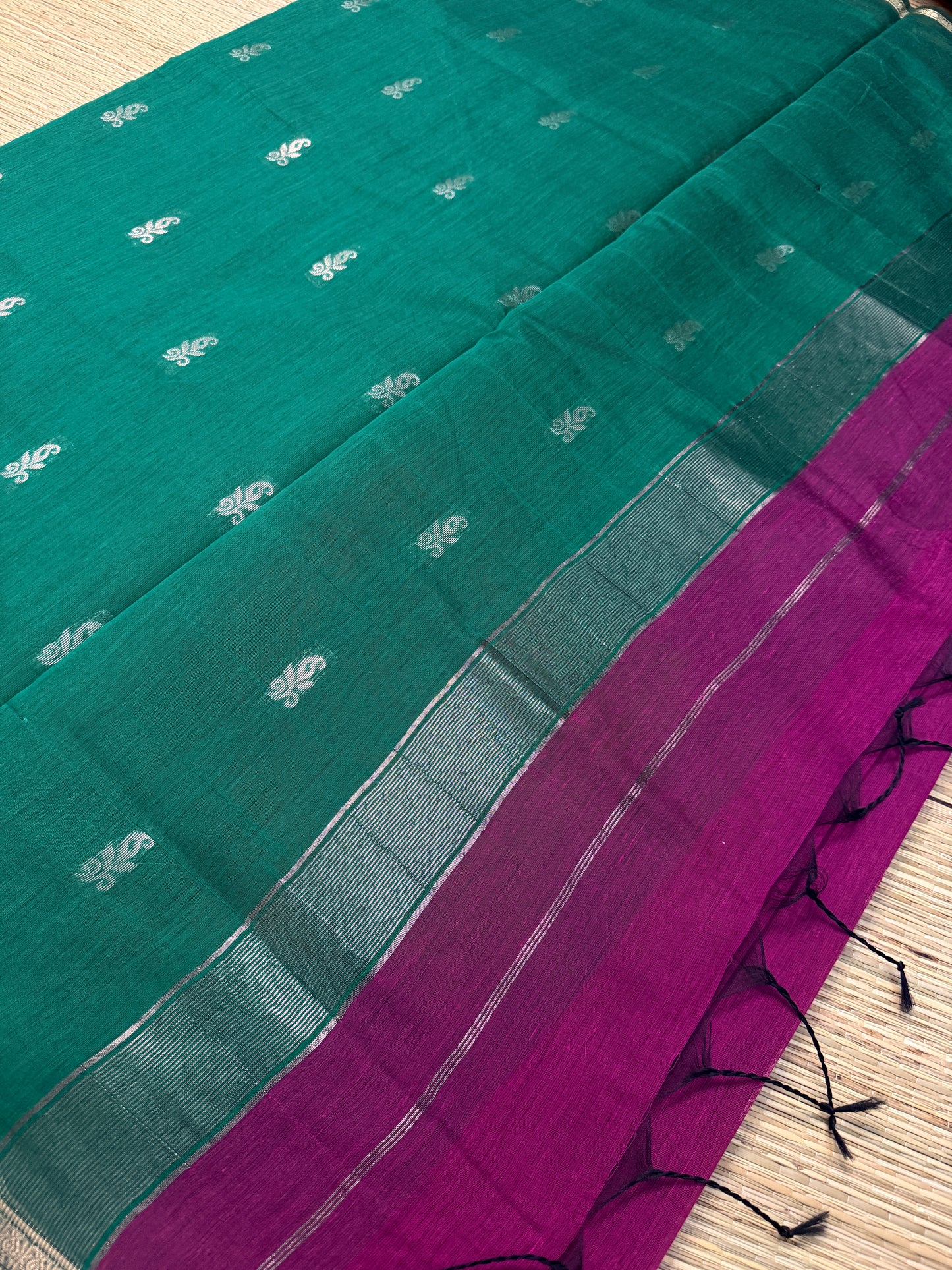 Magenta & Teal Maheshwari Cotton Saree with Floral Butta & Silver Zari Border