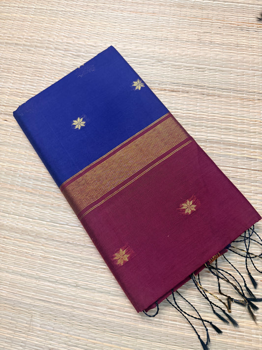 Royal Blue & Wine Maheshwari Cotton Saree with Star Butta & Gold Zari Border