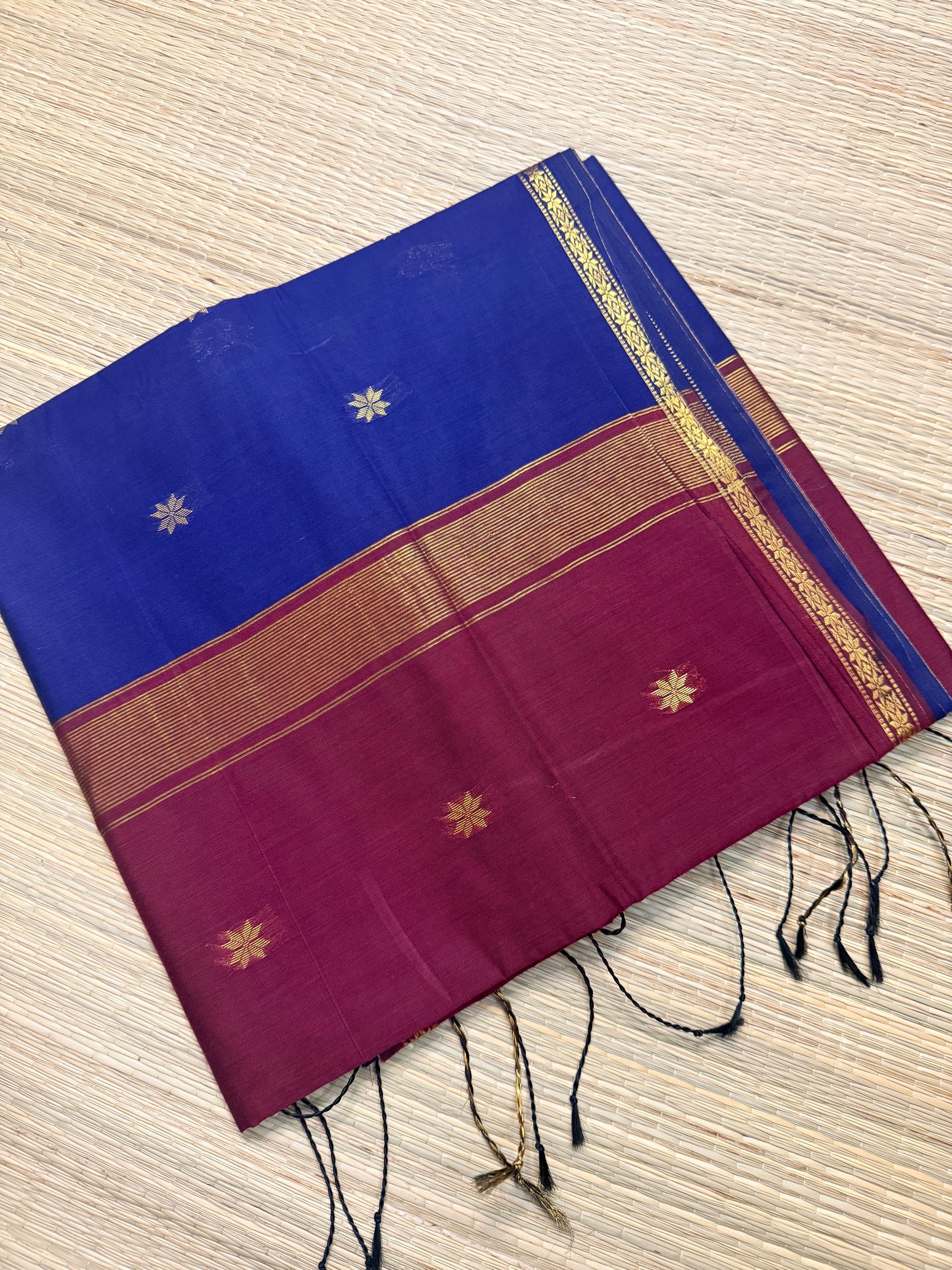 Royal Blue & Wine Maheshwari Cotton Saree with Star Butta & Gold Zari Border
