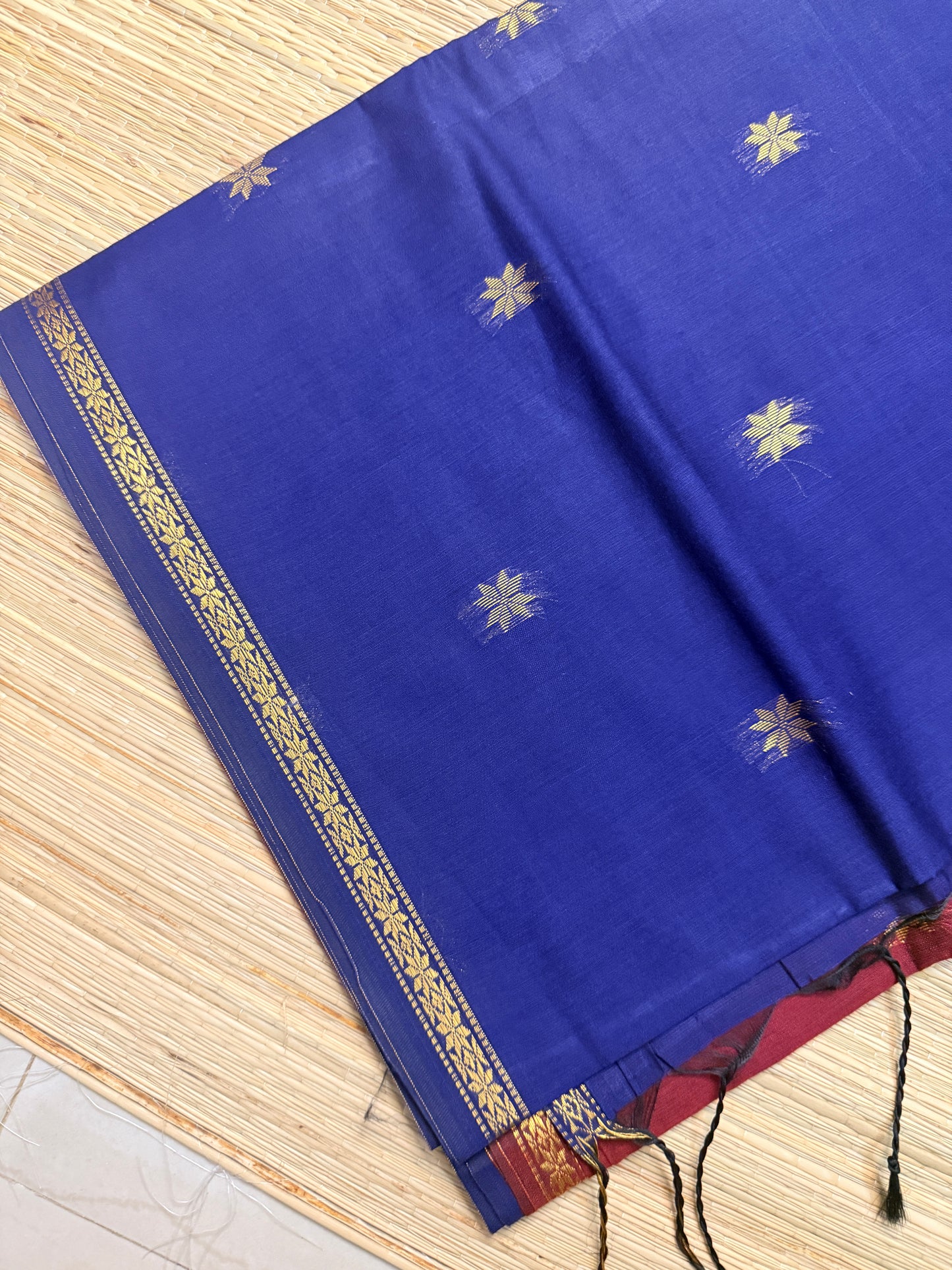 Royal Blue & Wine Maheshwari Cotton Saree with Star Butta & Gold Zari Border