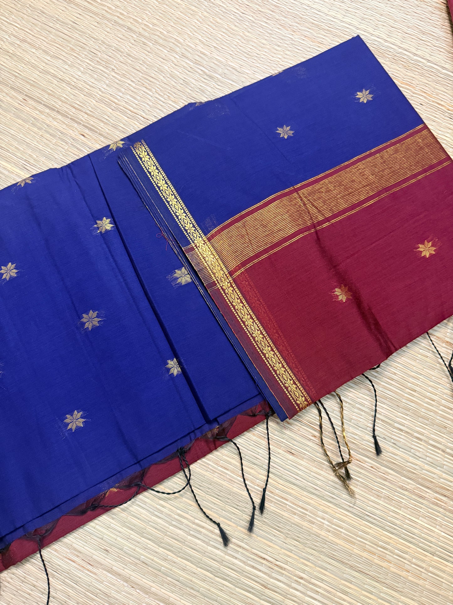 Royal Blue & Wine Maheshwari Cotton Saree with Star Butta & Gold Zari Border