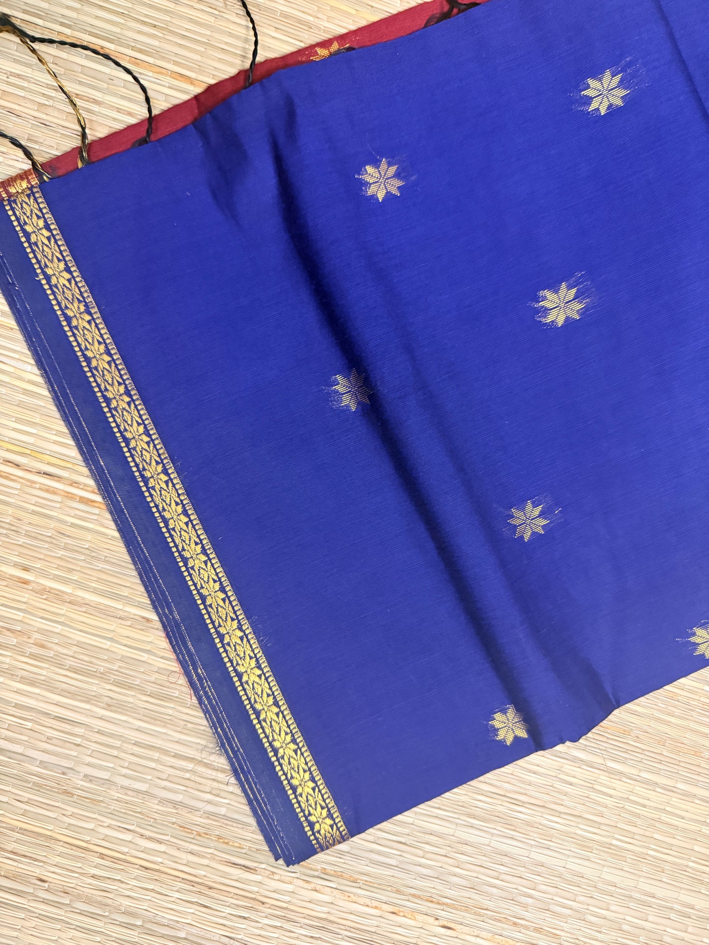 Royal Blue & Wine Maheshwari Cotton Saree with Star Butta & Gold Zari Border