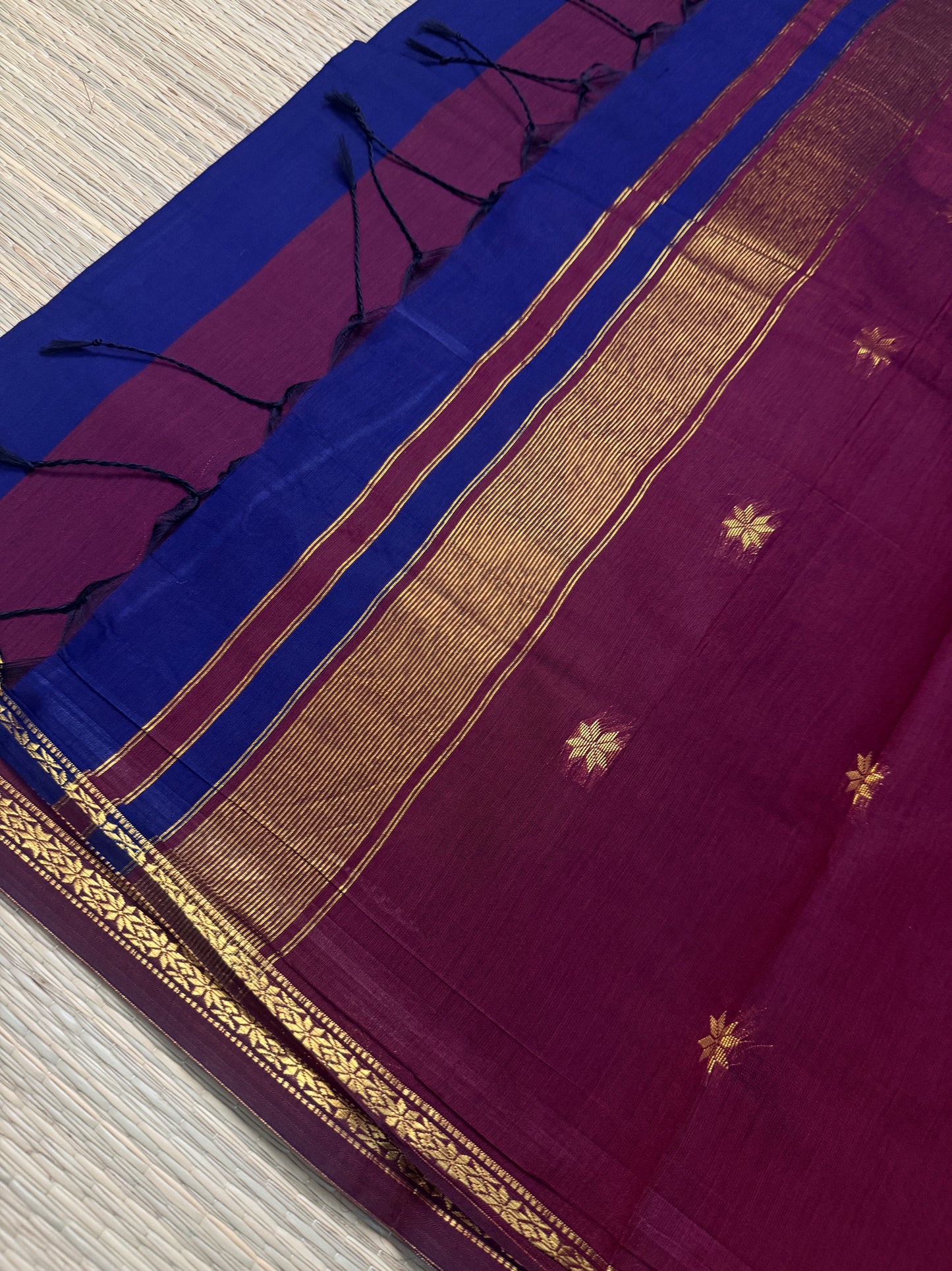 Royal Blue & Wine Maheshwari Cotton Saree with Star Butta & Gold Zari Border