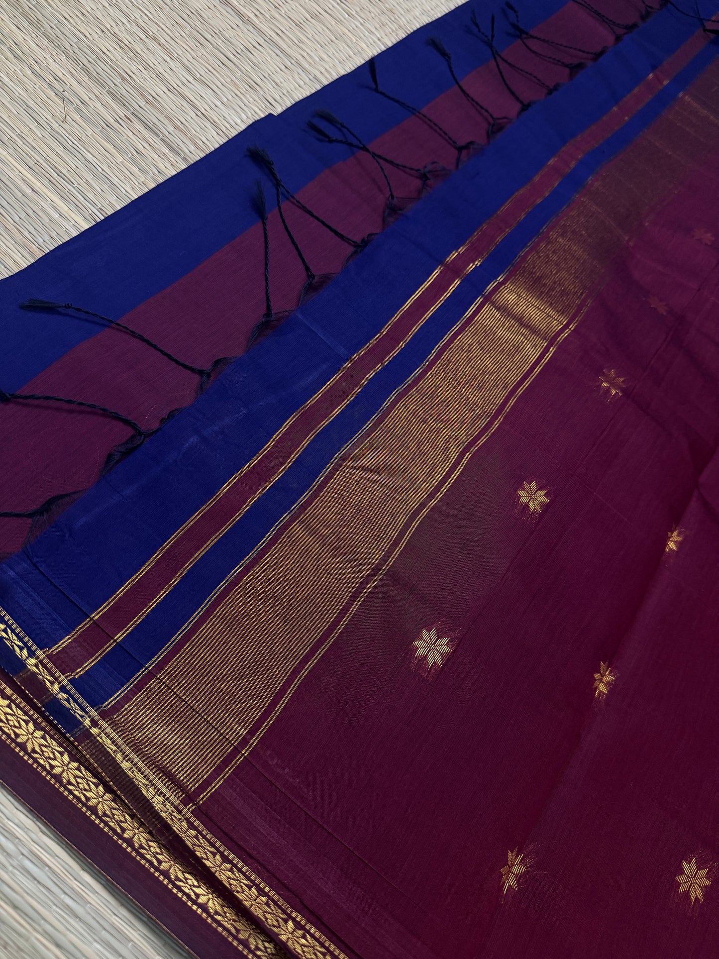 Royal Blue & Wine Maheshwari Cotton Saree with Star Butta & Gold Zari Border