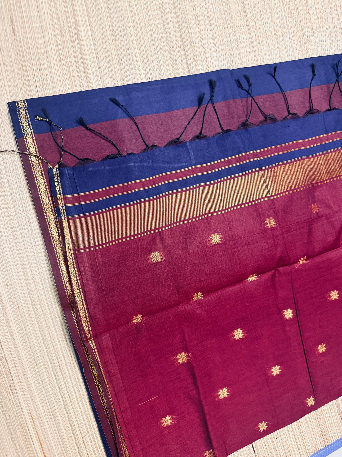 Royal Blue & Wine Maheshwari Cotton Saree with Star Butta & Gold Zari Border