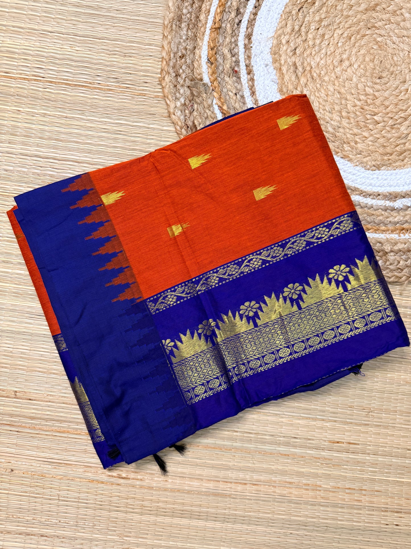 Orange & Royal Blue Kalyani Cotton Saree with Temple Butta & Floral Zari Pallu