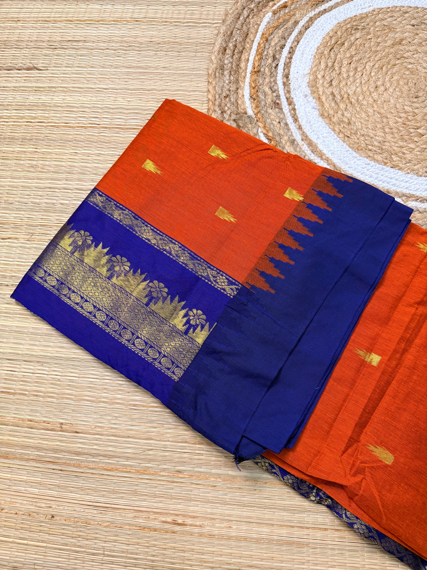 Orange & Royal Blue Kalyani Cotton Saree with Temple Butta & Floral Zari Pallu