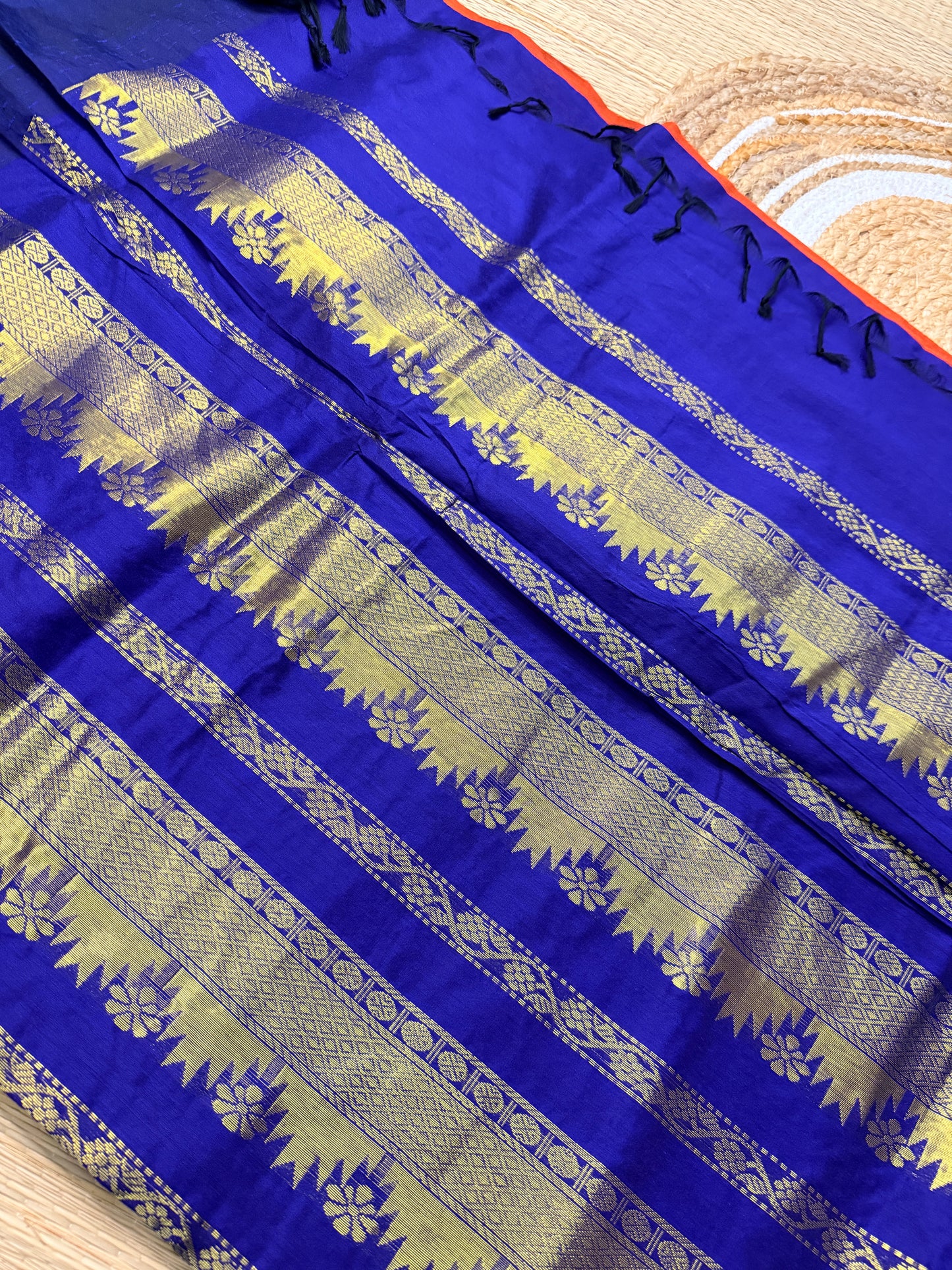 Orange & Royal Blue Kalyani Cotton Saree with Temple Butta & Floral Zari Pallu