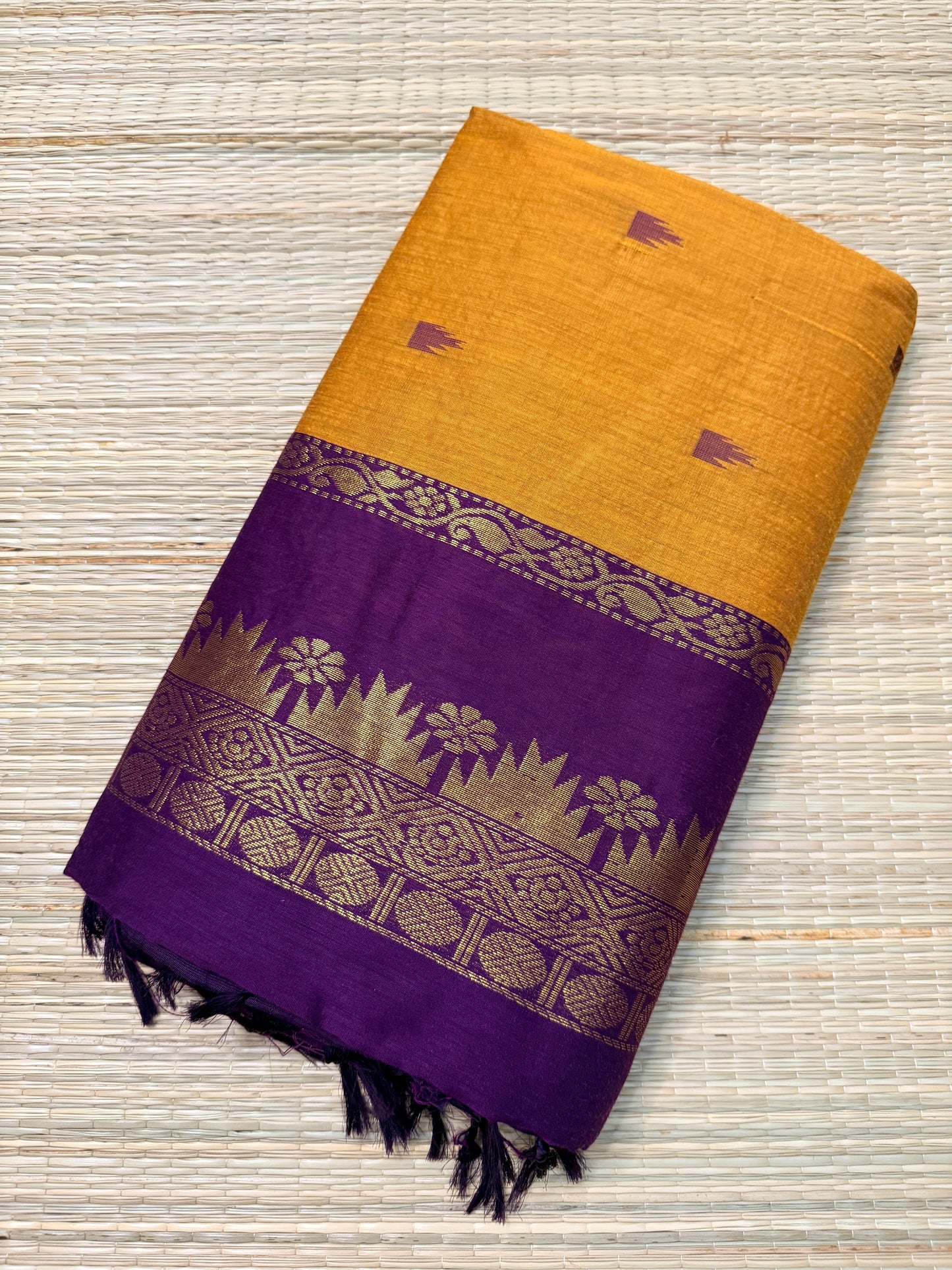 Mustard & Purple Kalyani Cotton Saree with Temple Butta & Gold Zari Pallu