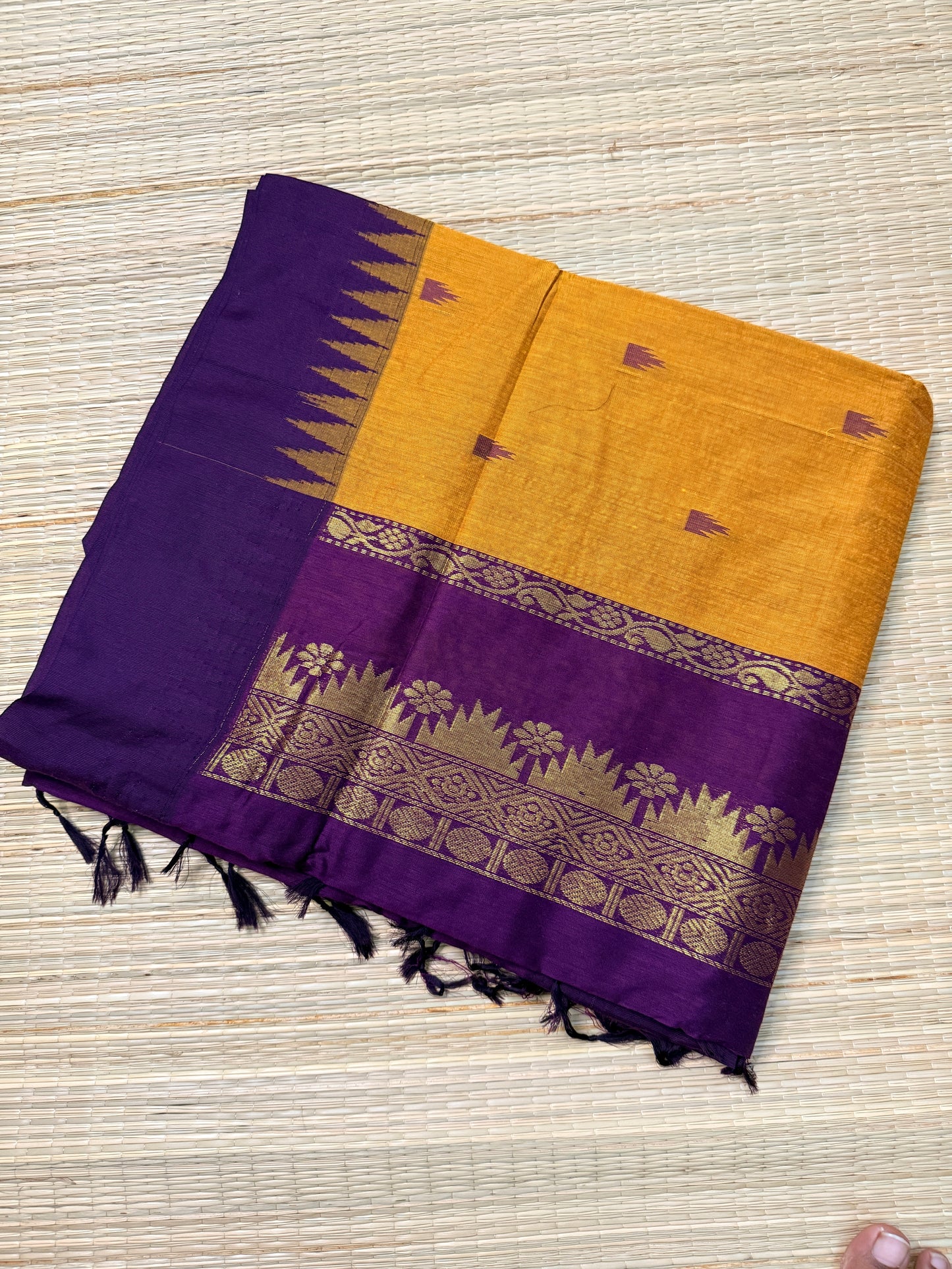 Mustard & Purple Kalyani Cotton Saree with Temple Butta & Gold Zari Pallu