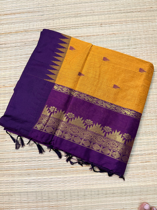 Mustard & Purple Kalyani Cotton Saree with Temple Butta & Gold Zari Pallu
