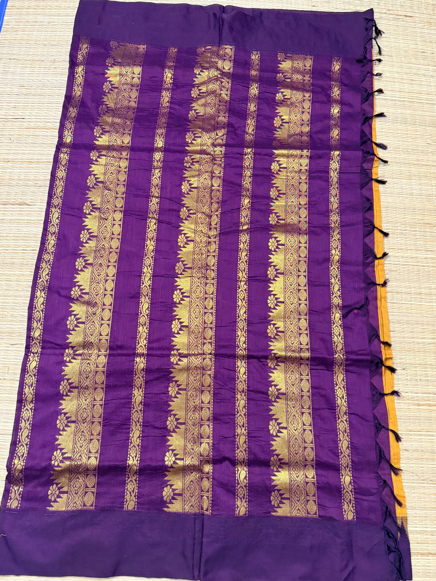 Mustard & Purple Kalyani Cotton Saree with Temple Butta & Gold Zari Pallu