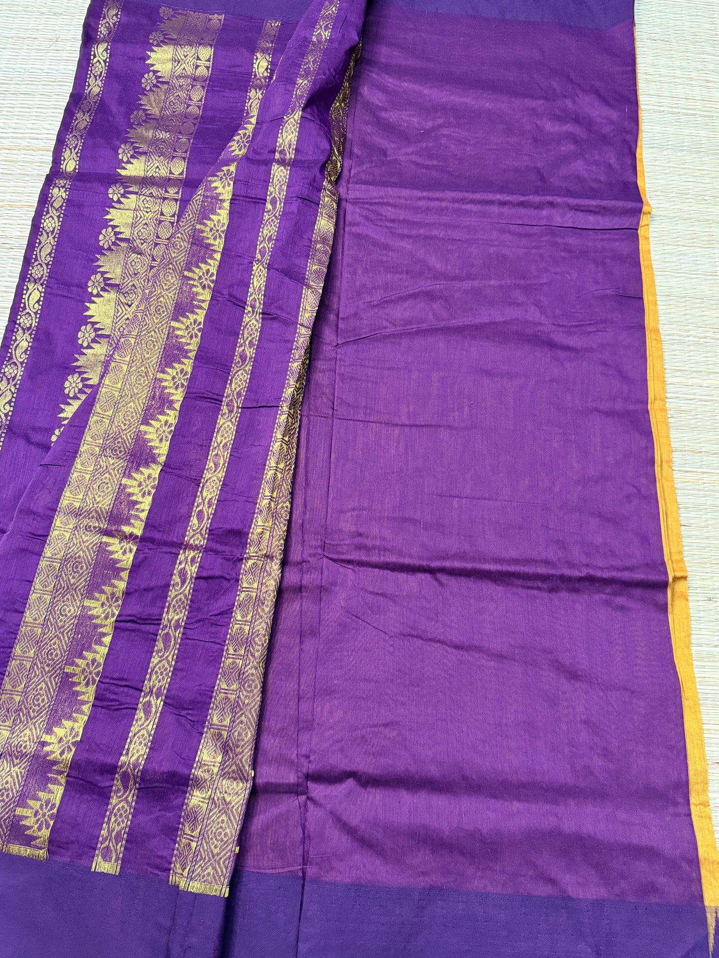 Mustard & Purple Kalyani Cotton Saree with Temple Butta & Gold Zari Pallu