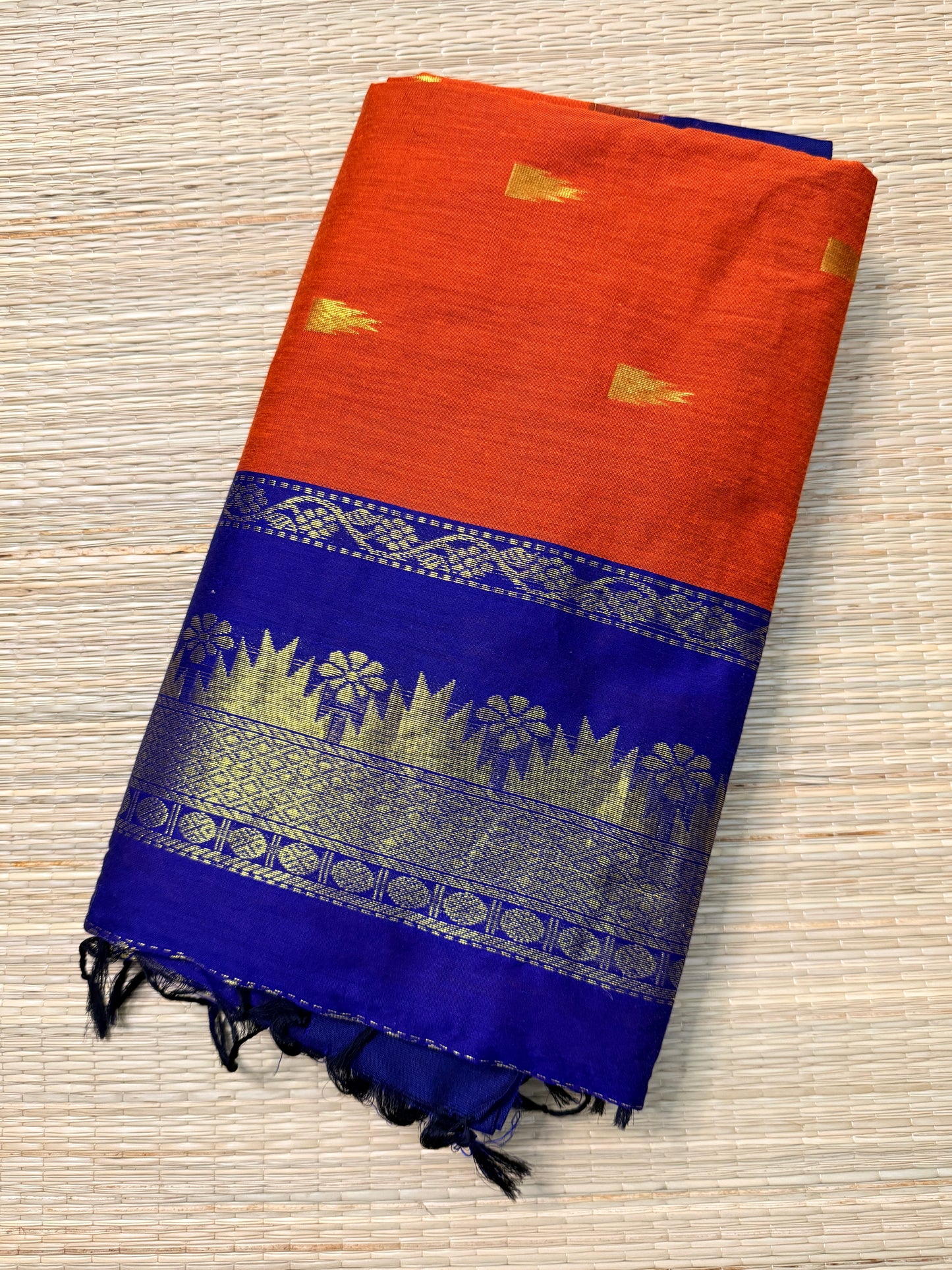 Orange & Royal Blue Kalyani Cotton Saree with Temple Butta & Floral Zari Pallu