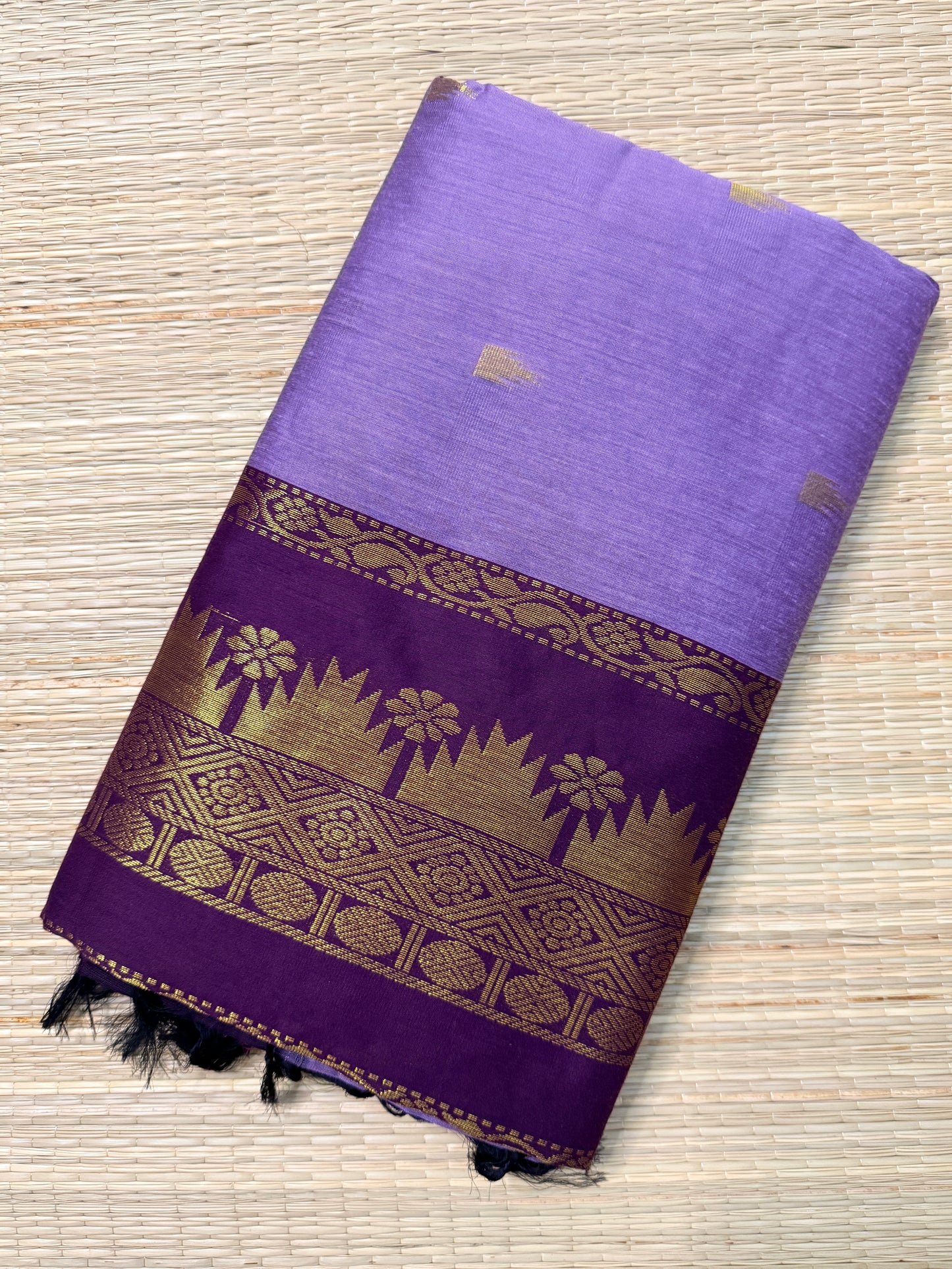 Lavender & Deep Purple Kalyani Cotton Saree with Temple Butta & Gold Zari Pallu