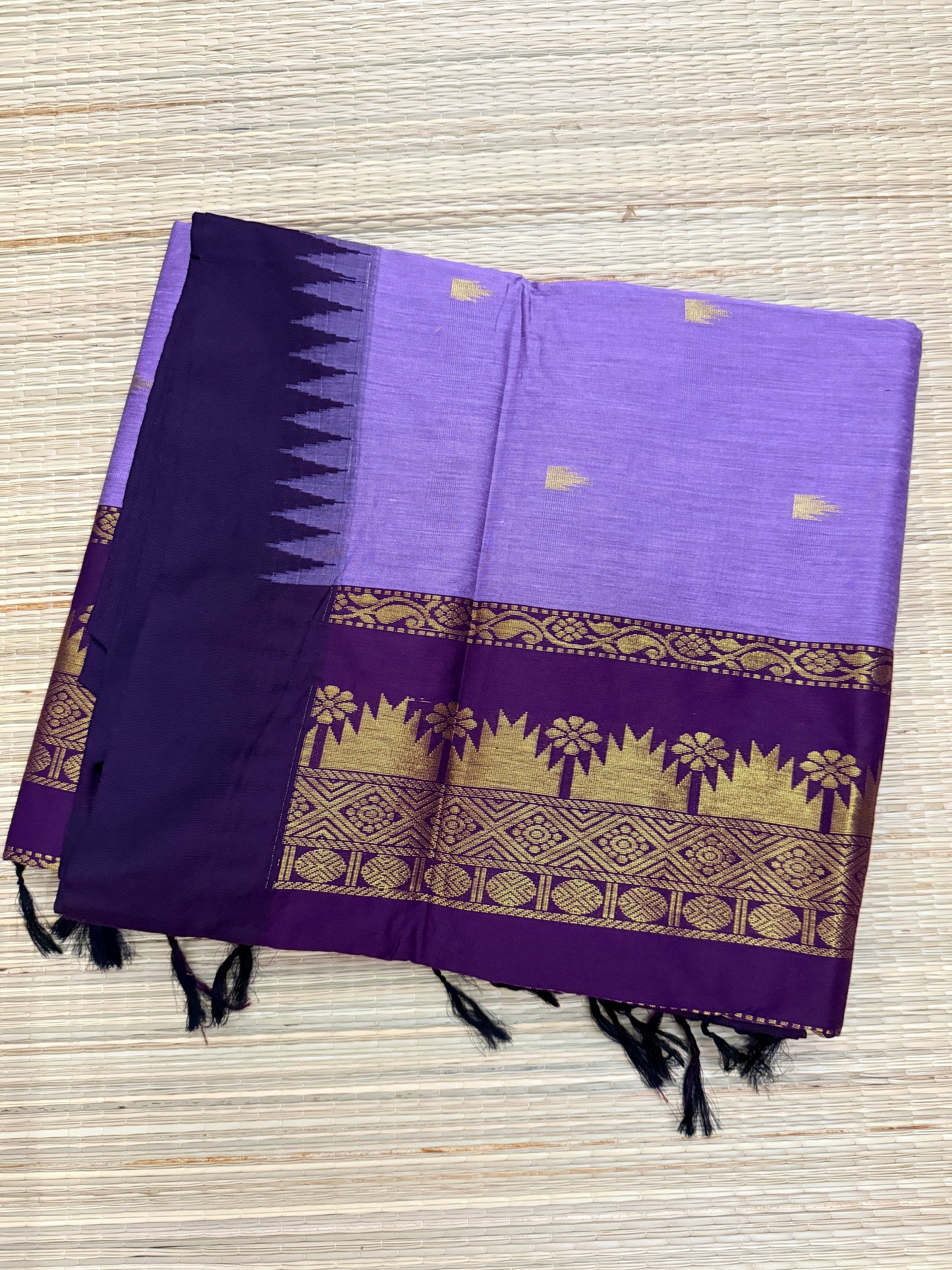 Lavender & Deep Purple Kalyani Cotton Saree with Temple Butta & Gold Zari Pallu