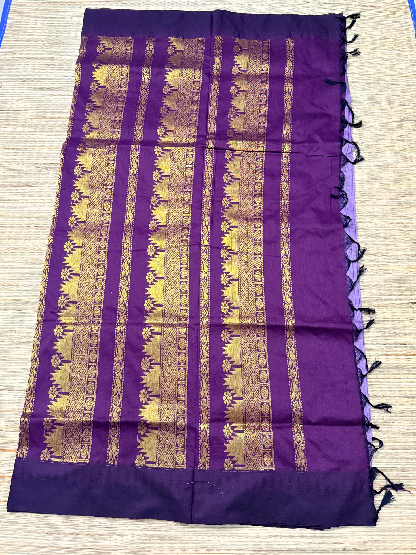 Lavender & Deep Purple Kalyani Cotton Saree with Temple Butta & Gold Zari Pallu