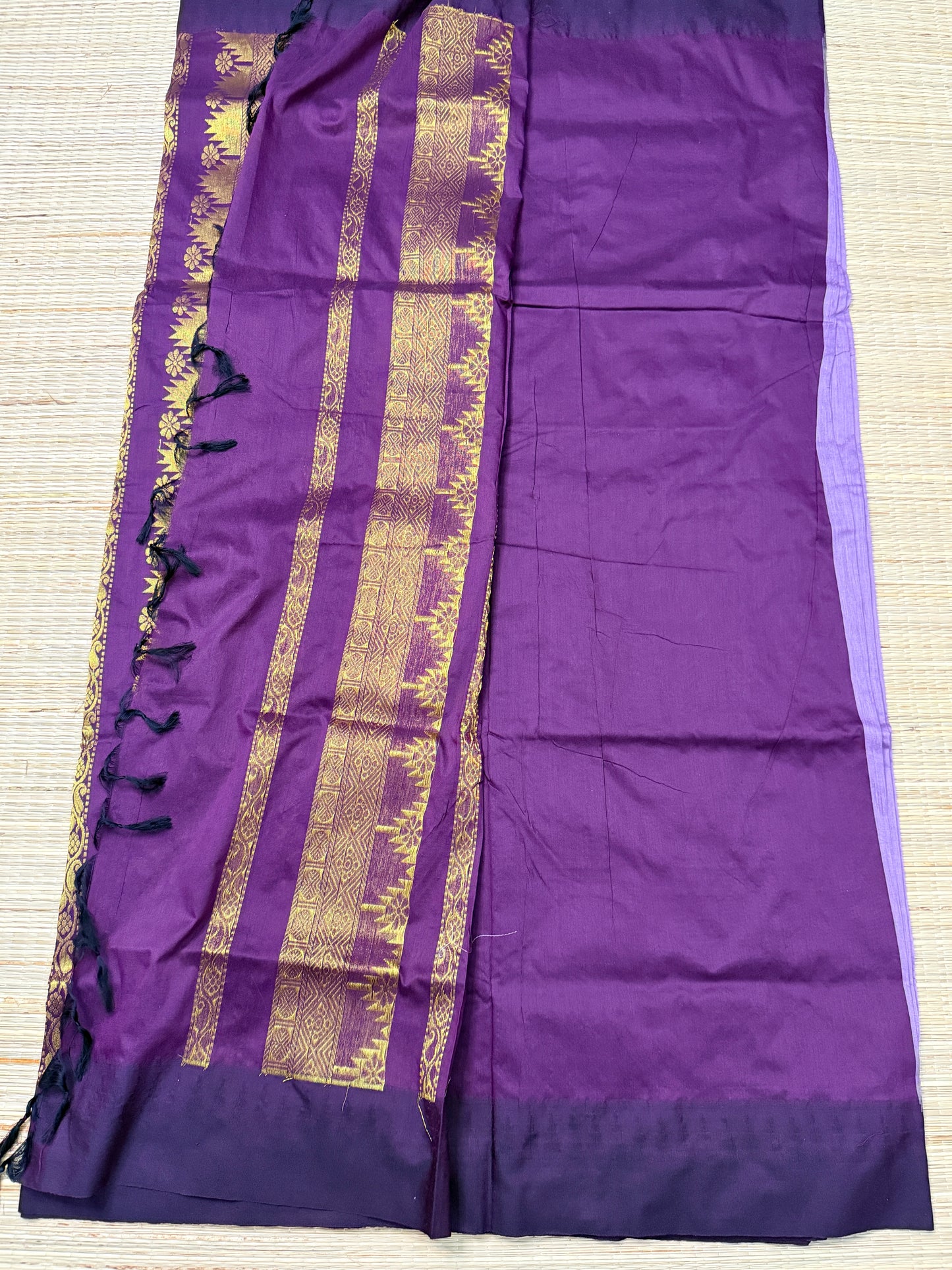 Lavender & Deep Purple Kalyani Cotton Saree with Temple Butta & Gold Zari Pallu