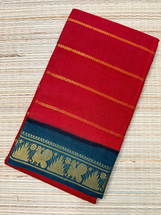 Red & Teal Green Sungudi Cotton Saree with Gold Stripe Body & Peacock Zari Border