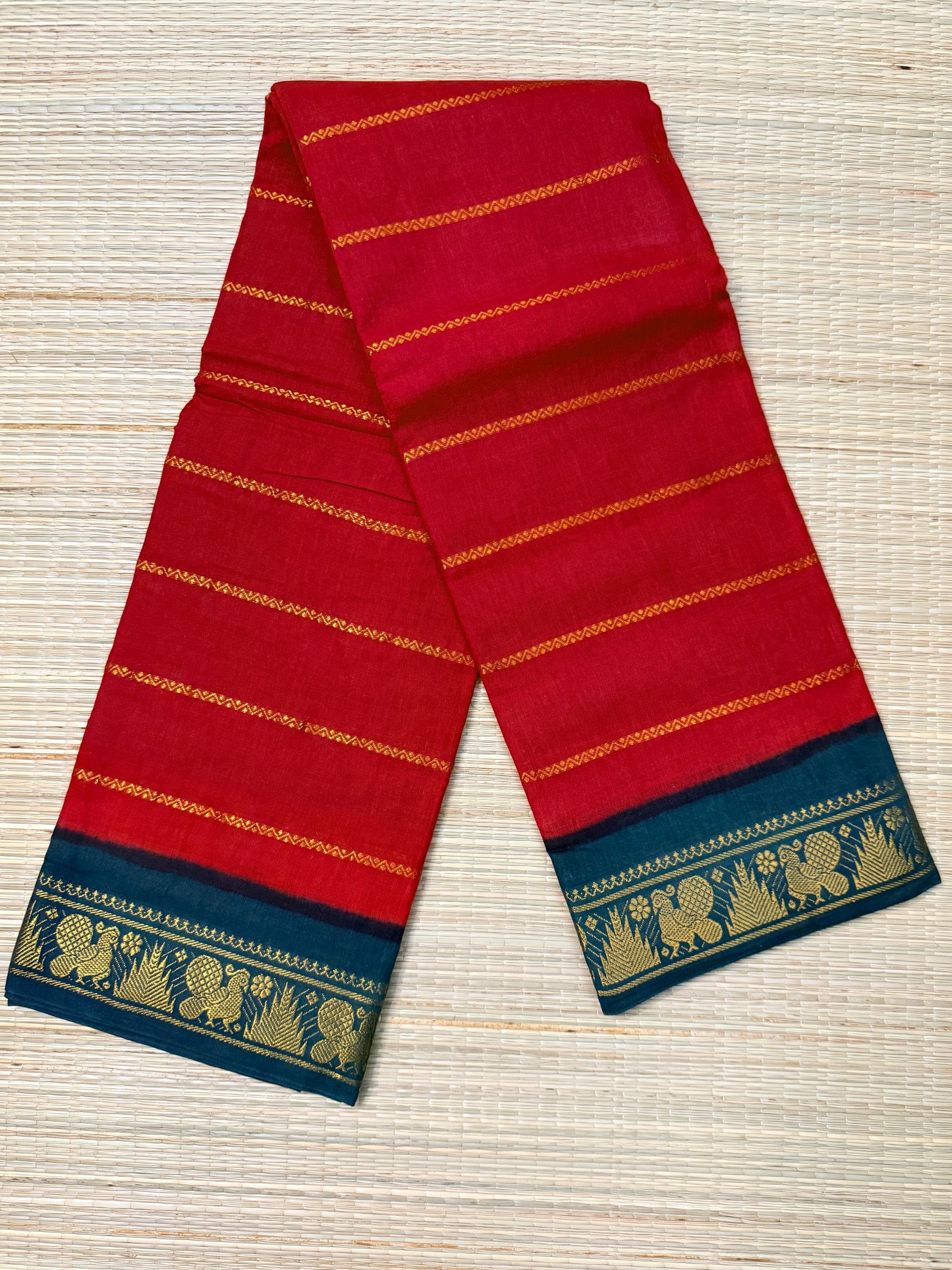 Red & Teal Green Sungudi Cotton Saree with Gold Stripe Body & Peacock Zari Border
